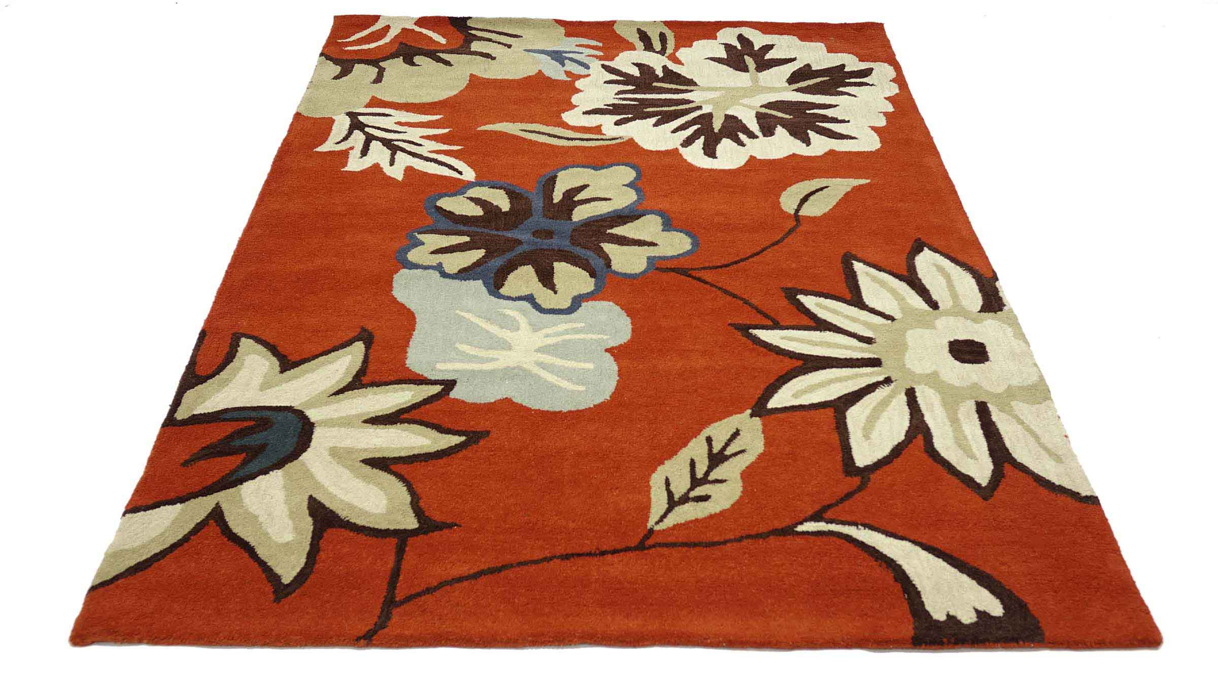 Handgefertigter Teppich Blüte 160x230 Orange Floral Handarbeit Handtuft Modern