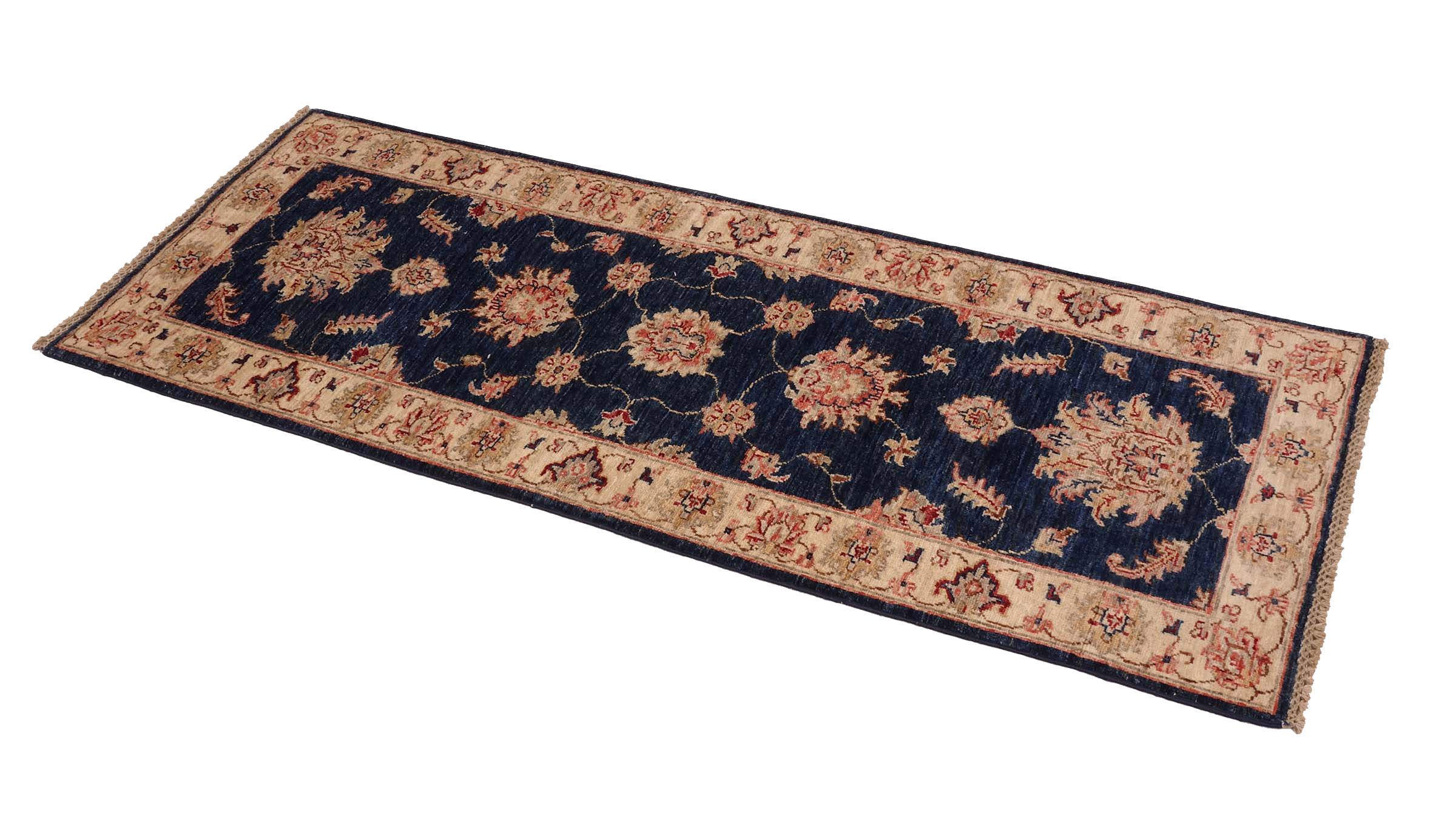 Chobi Ziegler Teppich 60x180 Handgeknüpft Läufer Blau Floral Orientalisch UNIKAT