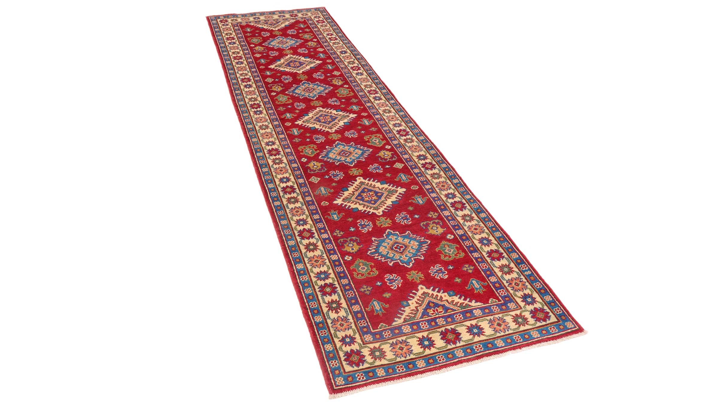 Kazak Teppich 80x300 Handgeknüpft Läufer rot Geometrisch Orientalisch UNIKAT Kurzflor