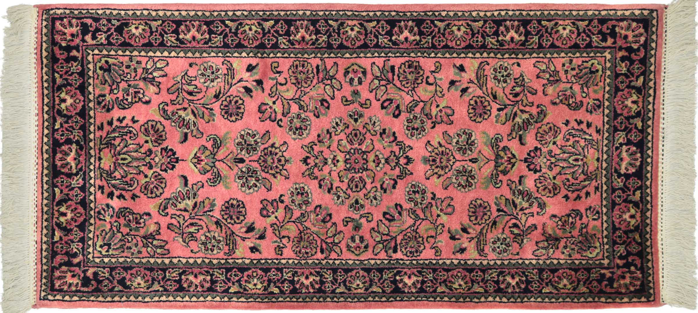 Sarough Teppich 70x140 Handgeknüpft Rosa Floral Wolle Kurzflor Rug