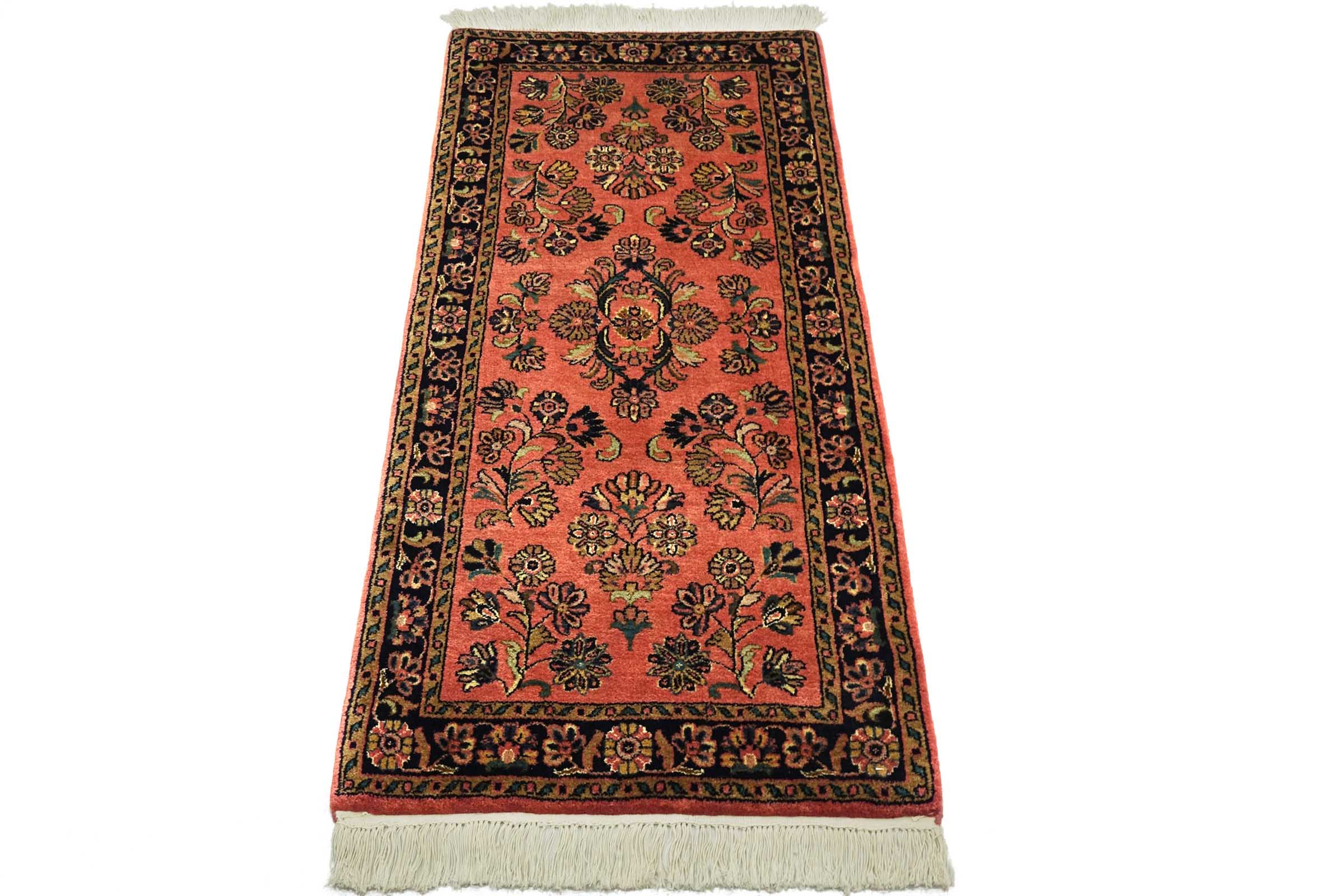 Sarough Teppich 70x140 Handgeknüpft Rosa Floral Wolle Kurzflor Rug