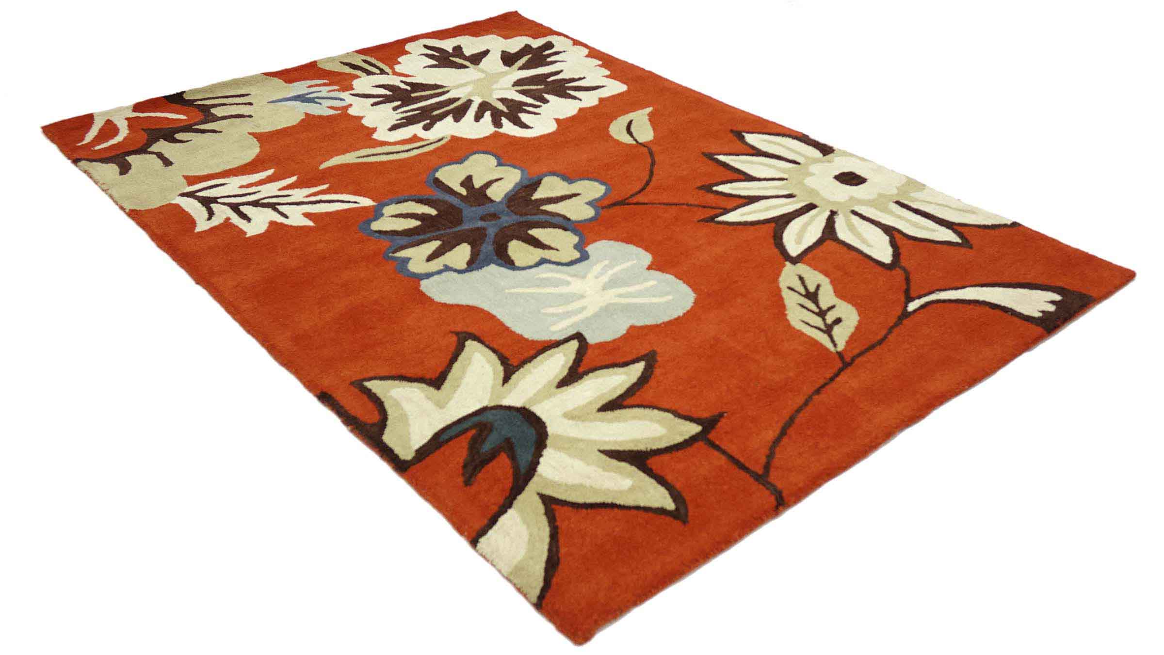 Handgefertigter Teppich Blüte 160x230 Orange Floral Handarbeit Handtuft Modern