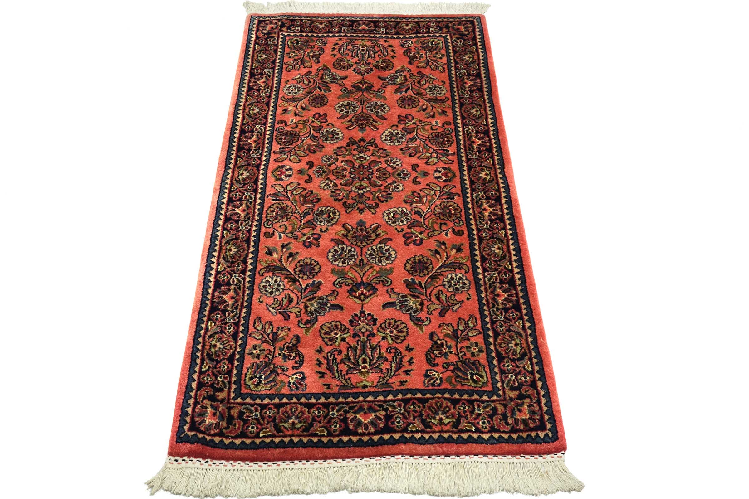 Sarough Teppich 70x140 Handgeknüpft Rosa Floral Wolle Kurzflor Rug
