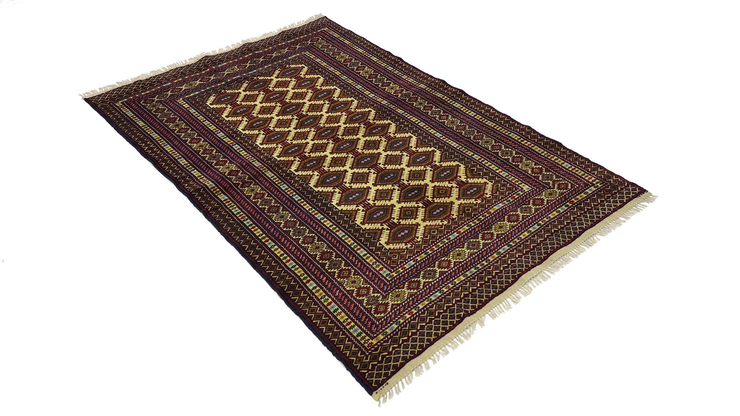 Afghan Teppich 120x180 Handgeknüpft Beige Geometrisch Orient Kurzflor Wohnzimmer