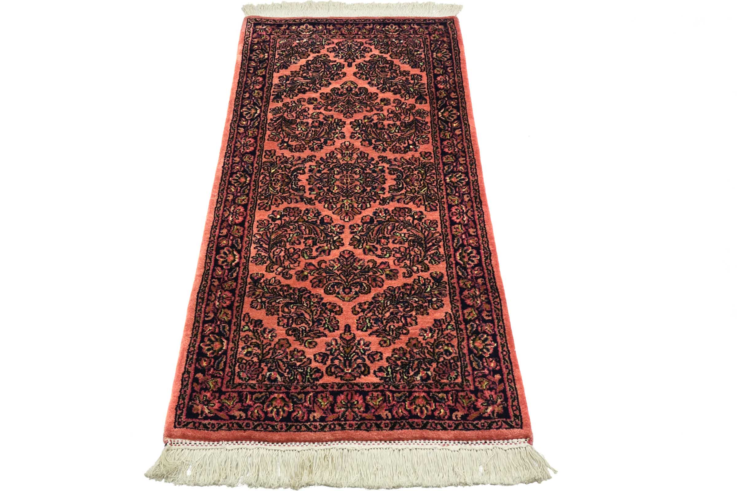 Sarough Teppich 70x140 Handgeknüpft Rosa Floral Wolle Kurzflor Rug