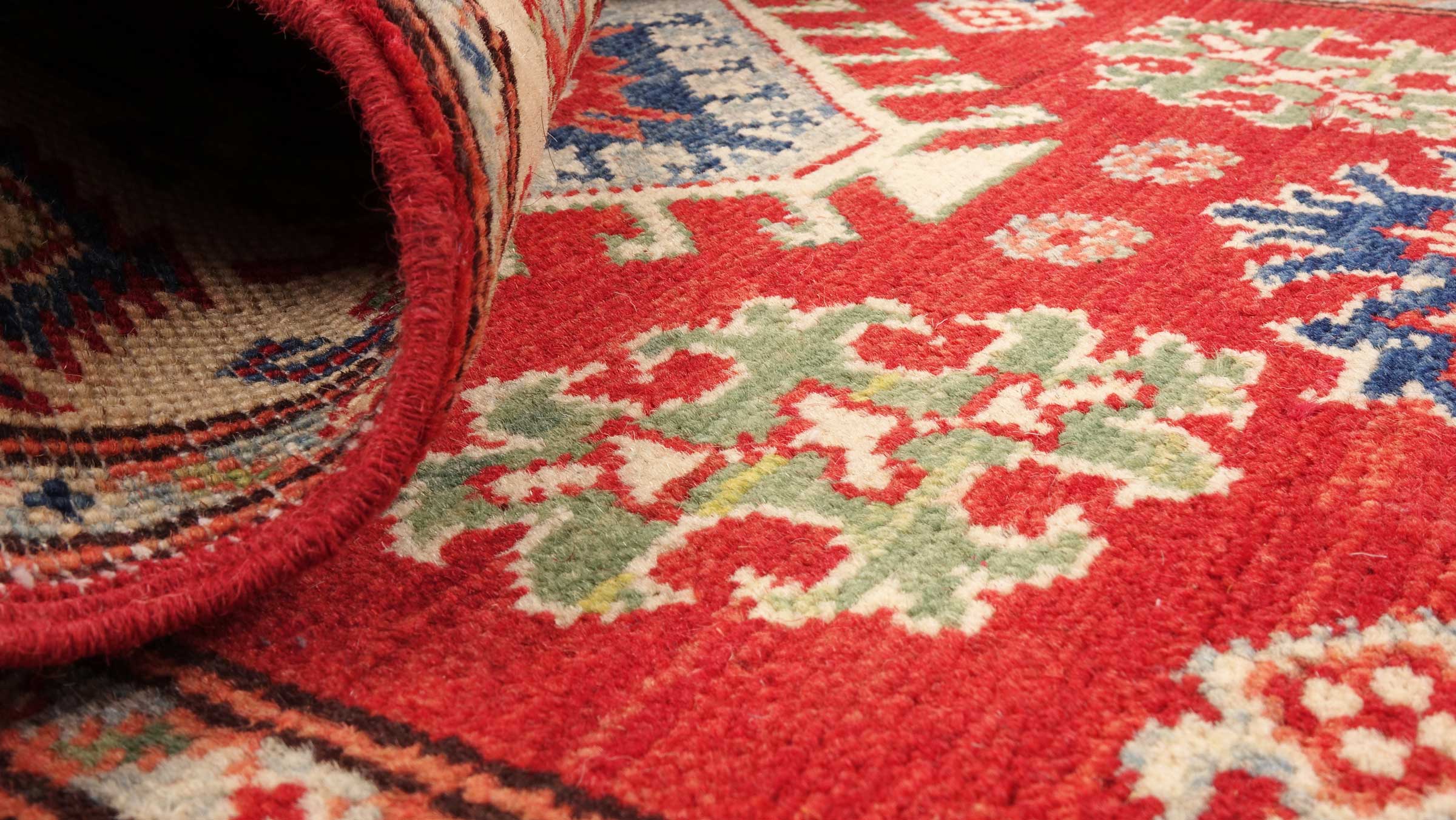 Kazak Teppich 80x300 Handgeknüpft Läufer rot Geometrisch Orientalisch UNIKAT Kurzflor