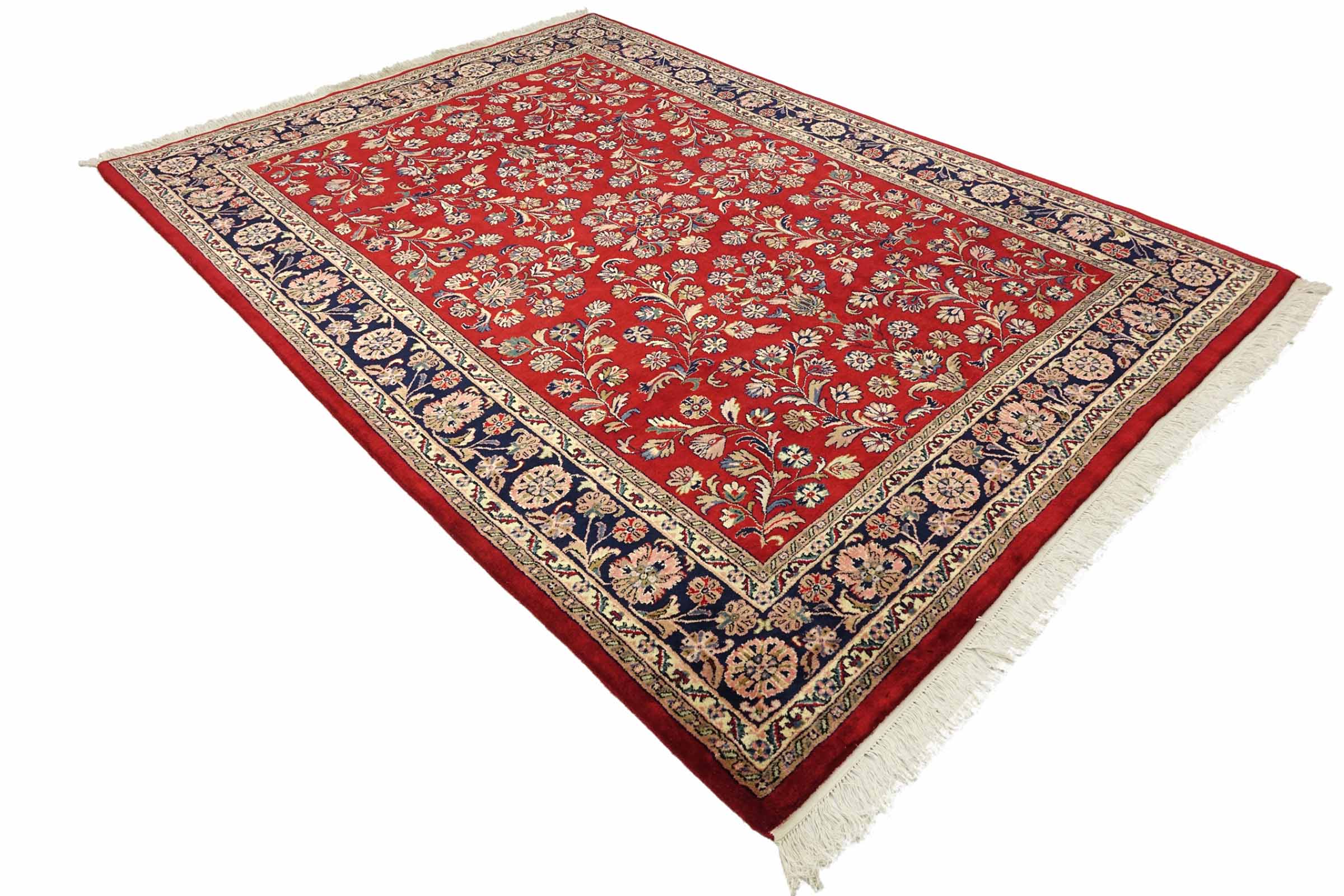 Sarough Teppich 200x380 Handgeknüpft Rot Floral Wolle Kurzflor Rug