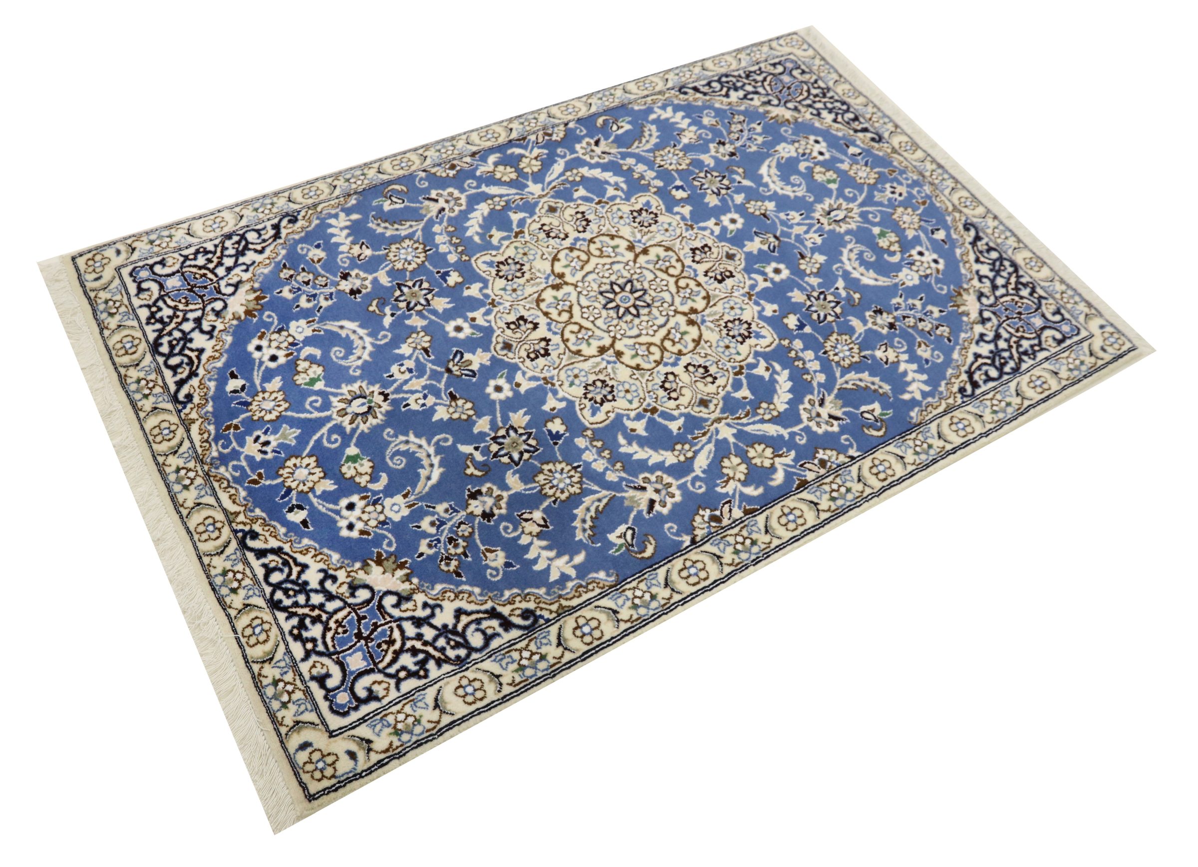 Persian carpet Nain 9LA 90x140 Hand-knotted Blue Medallion Oriental UNIKAT short pile