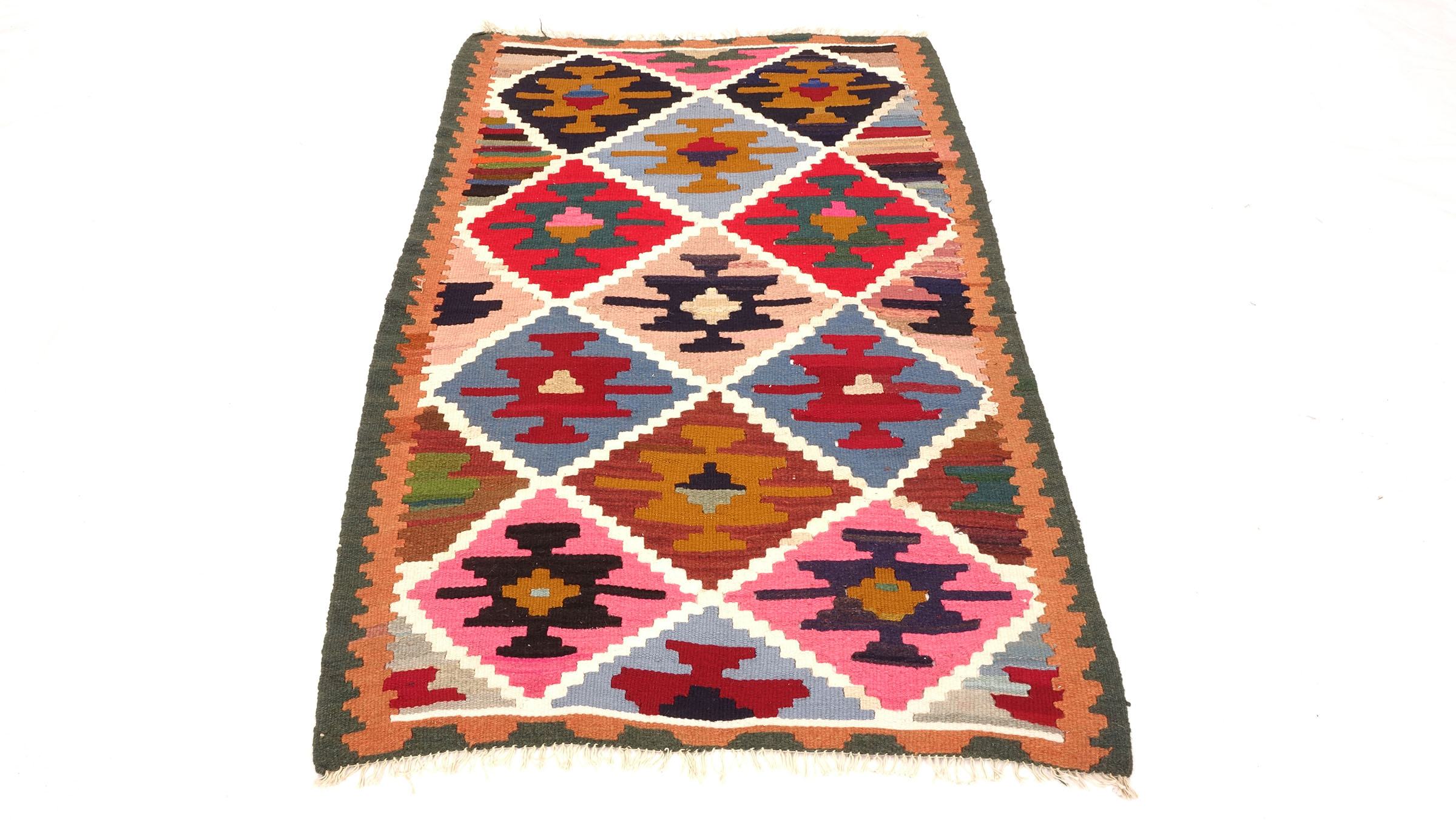 Perserteppich Kelim Ardebil 90x150 Handgewebt Blau Geometrisch Handarbeit Zimmer