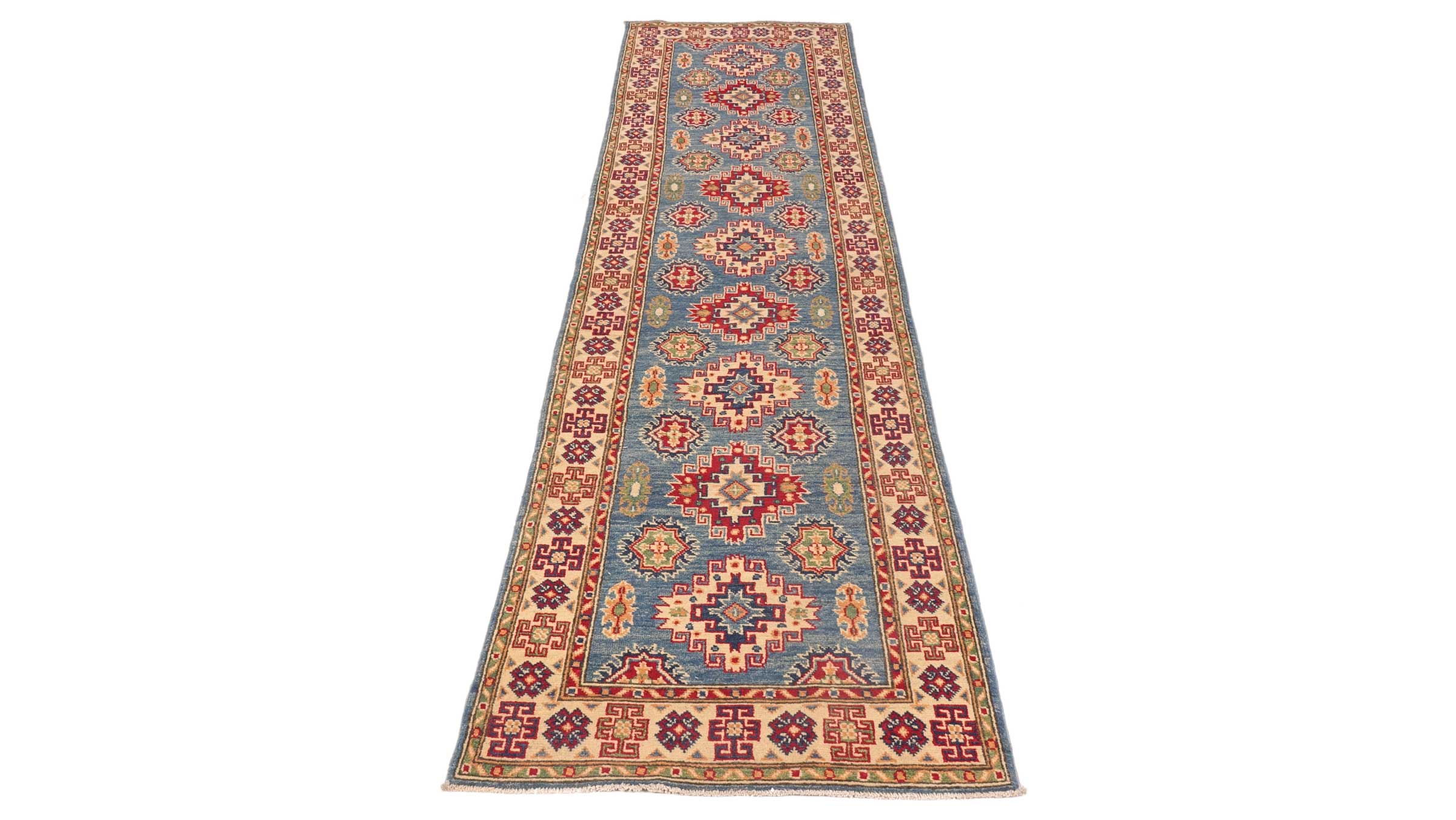 Kazak Teppich 80x300 Handgeknüpft Läufer Blau Geometrisch Orientalisch UNIKAT Kurzflor