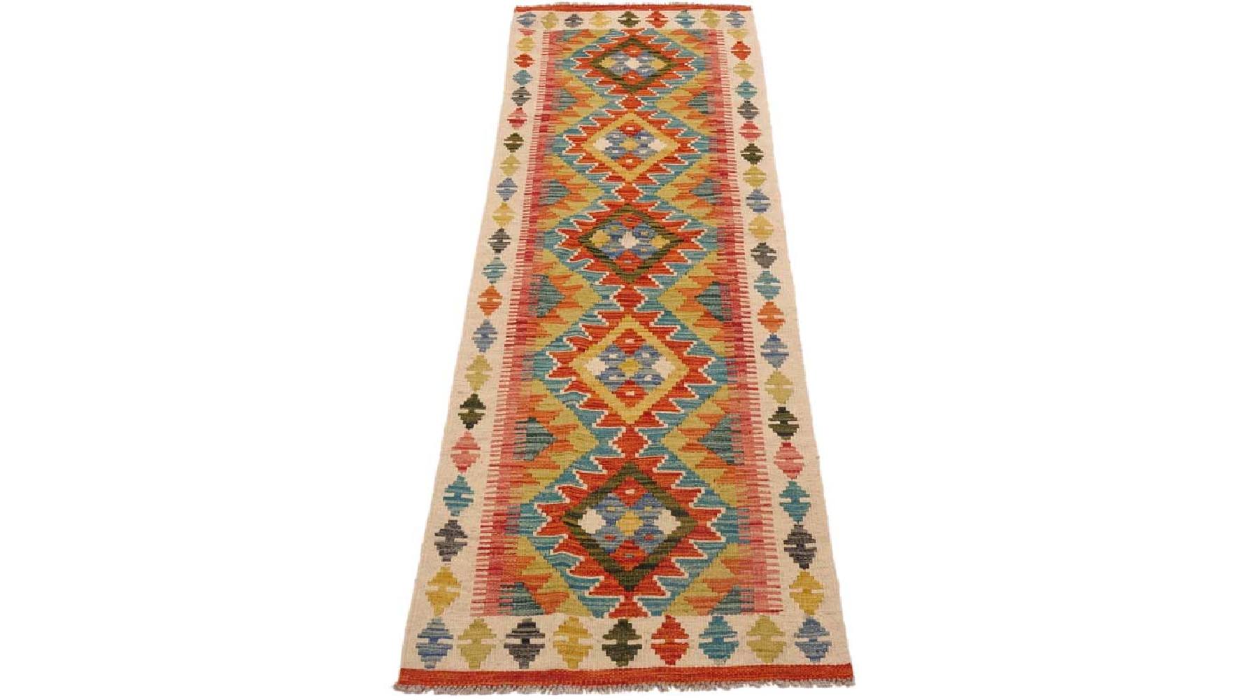 Maimana Kelim Teppich 60x200 Handgewebt Läufer Beige Geometrisch Handarbeit