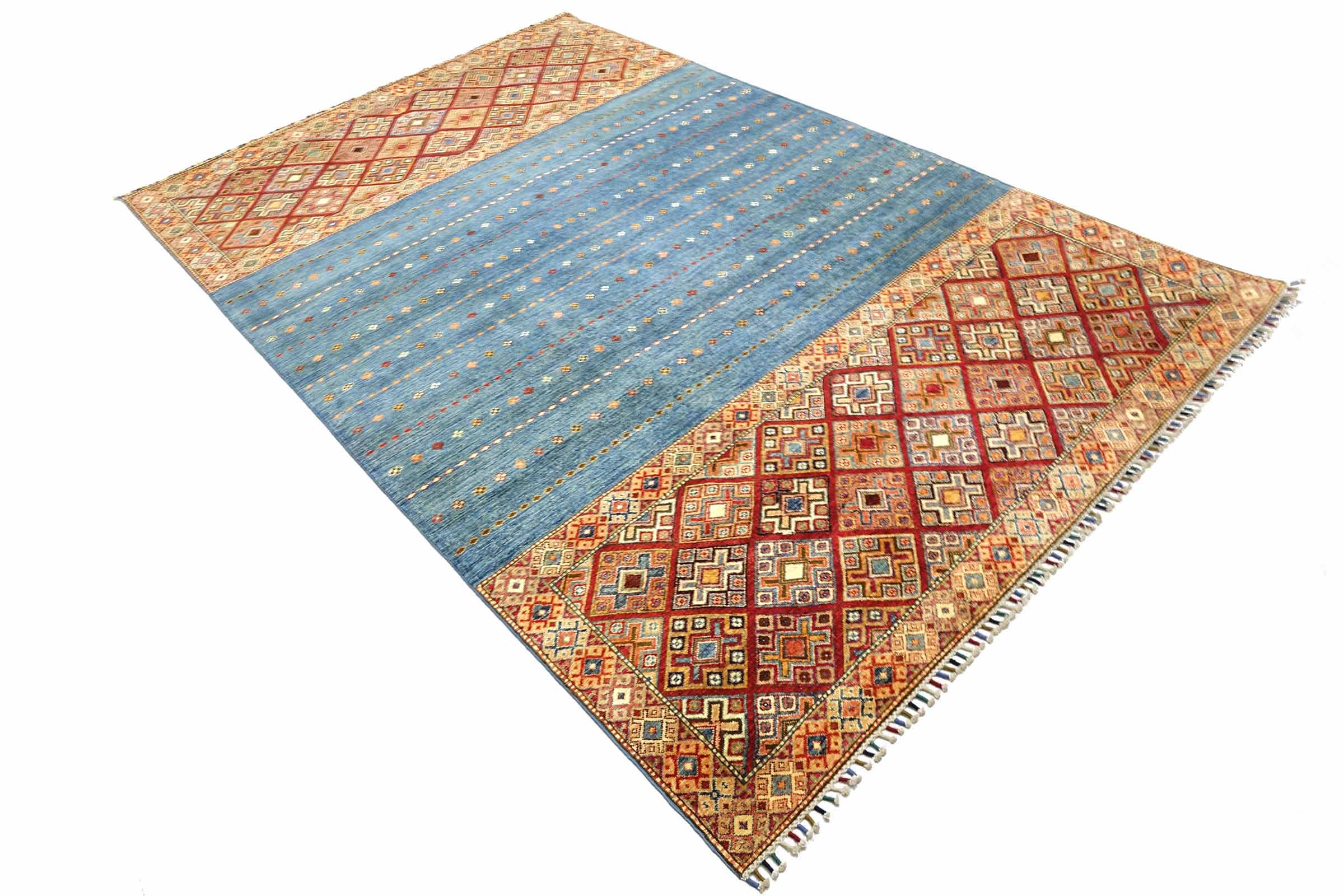Afghan Khorjin Shaal 210x330 Handgeknüpft Orientteppich Hellblau Streifen Wolle