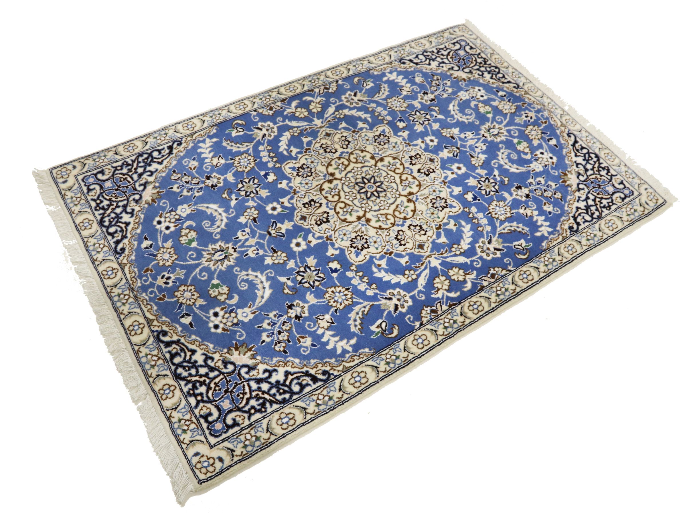 Perserteppich Nain 9LA 90x140 Handgeknüpft Blau Medaillon Orientalisch UNIKAT Kurzflor