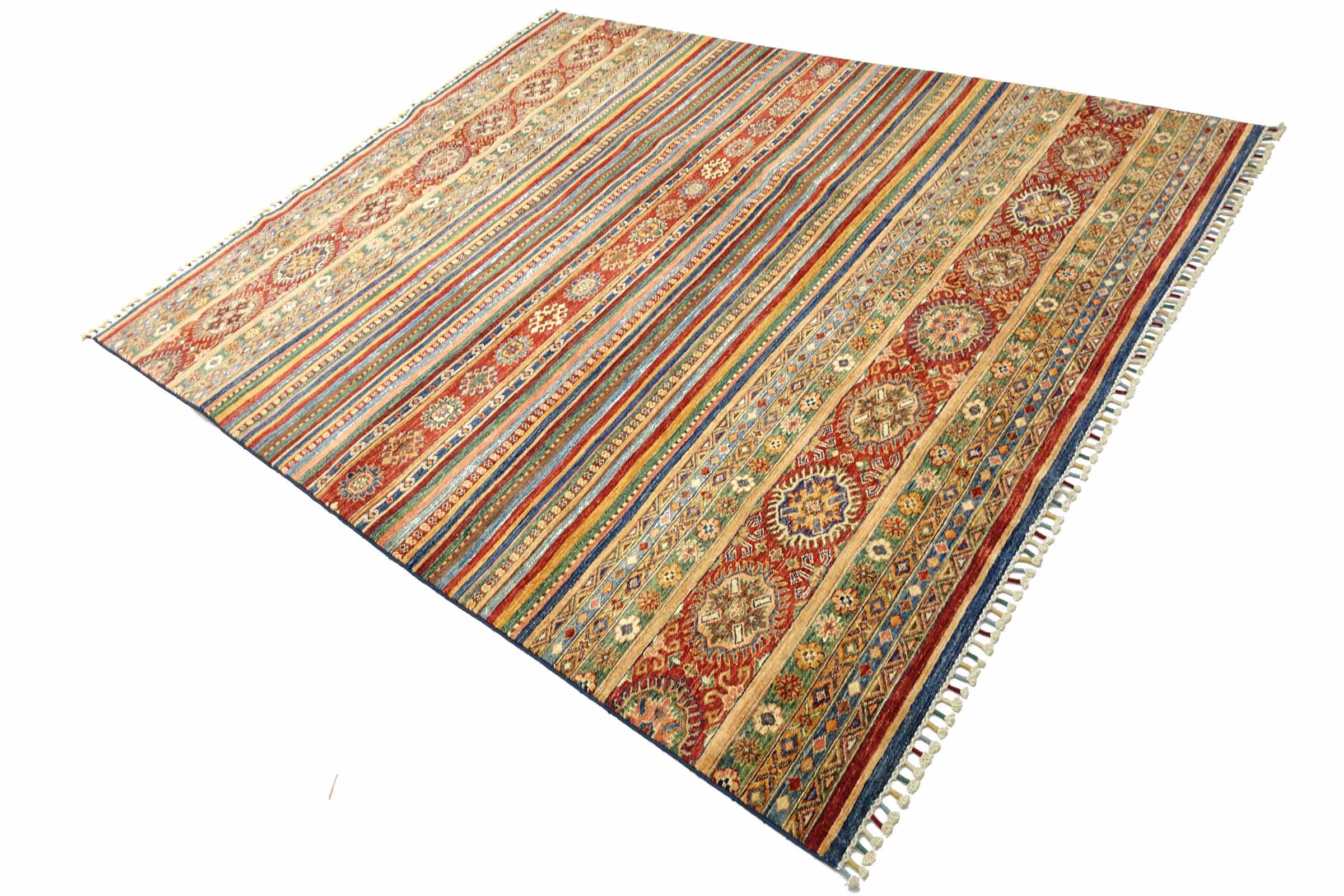 Afghan Khorjin Shaal 200x300 Handgeknüpft Orientteppich Bunt Streifen Wolle