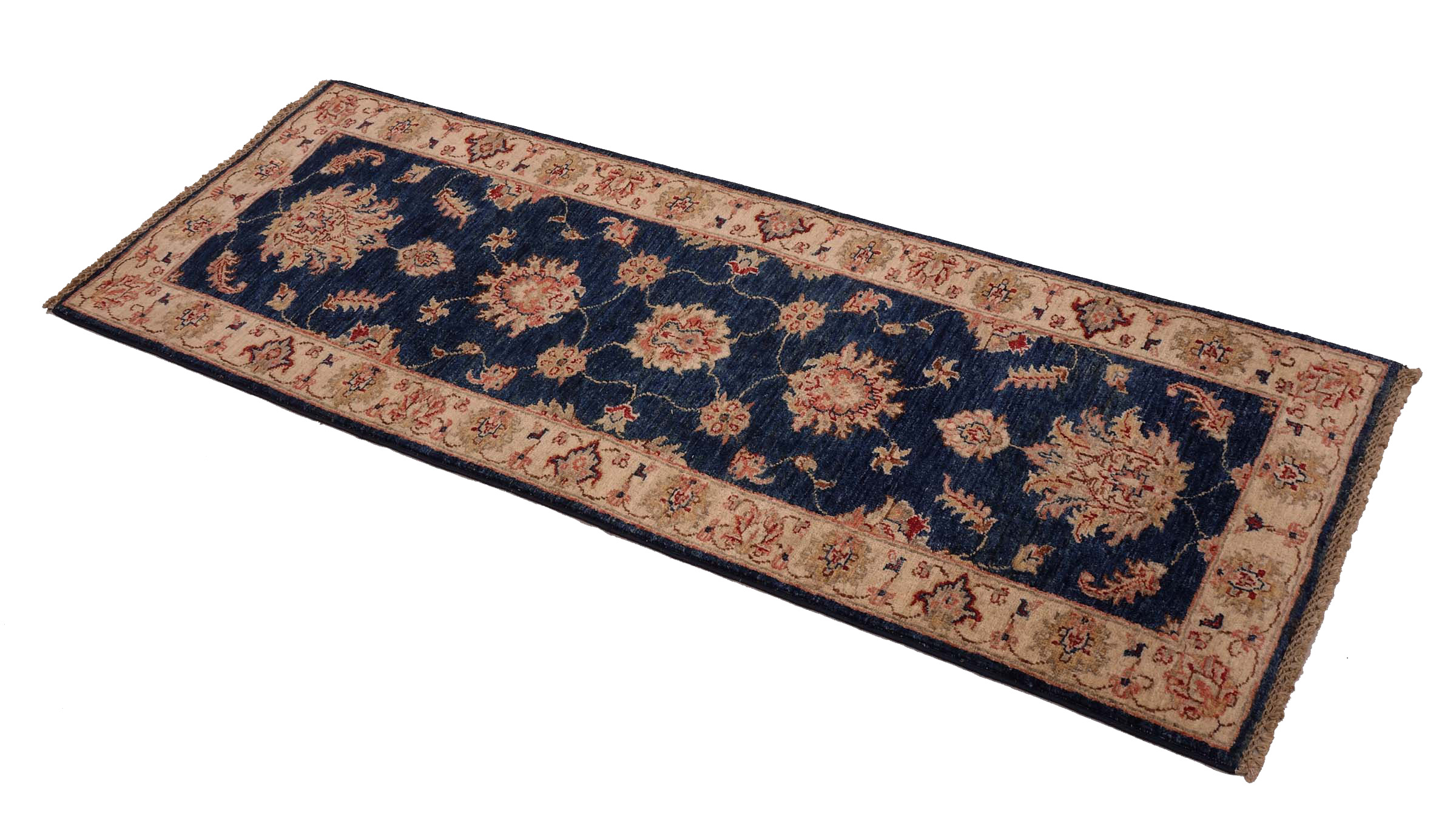 Chobi Ziegler Teppich 60x180 Handgeknüpft Läufer Blau Floral Orientalisch UNIKAT