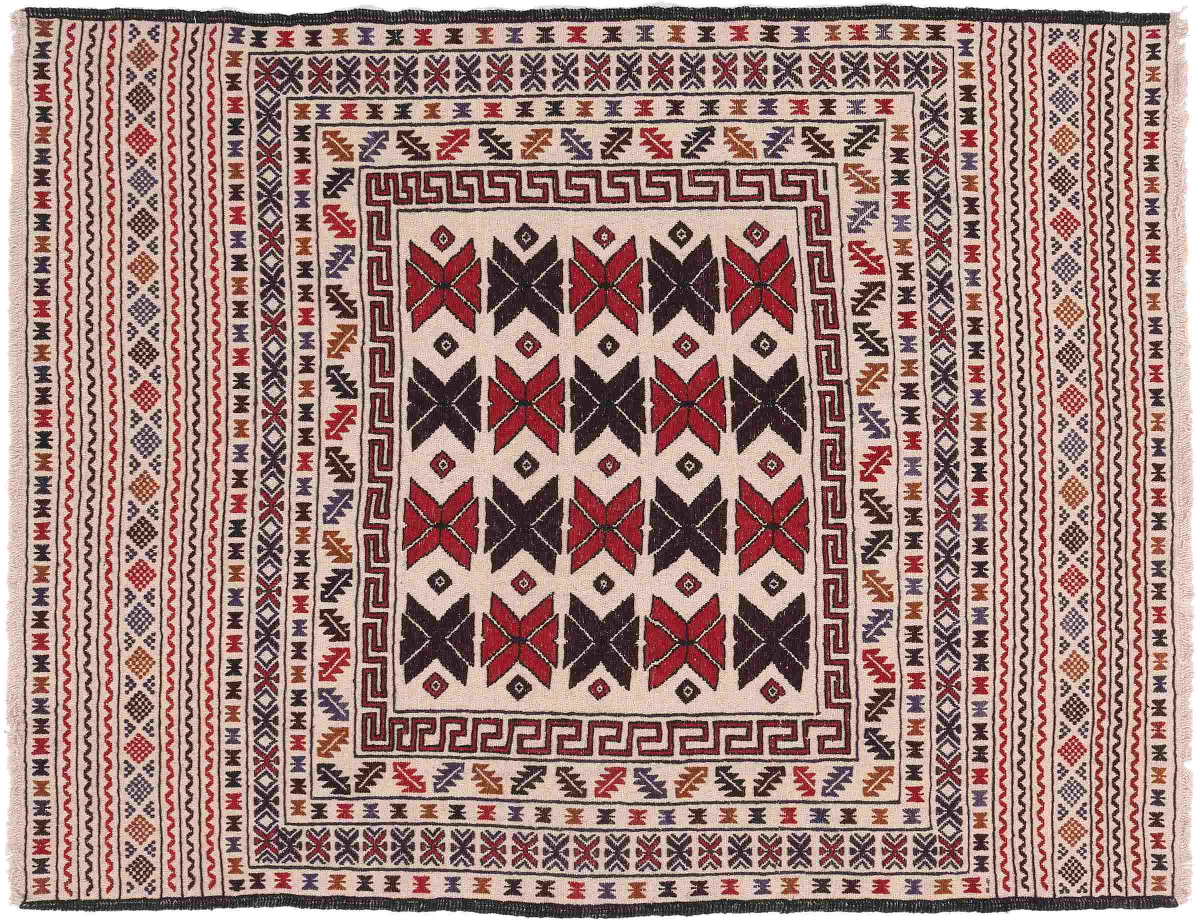 Afghan Kelim Gol Barjasta Teppich 140x180 Handgewebt Beige Geometrisch Handarbeit
