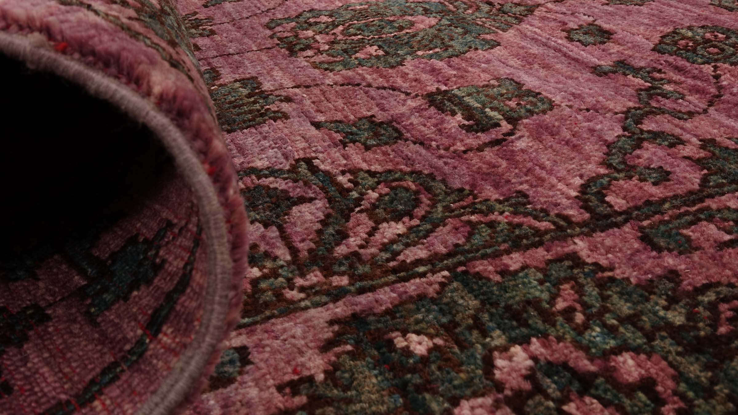 Chobi Ziegler Teppich 80x300 Handgeknüpft Läufer Rosa Floral Orientalisch UNIKAT