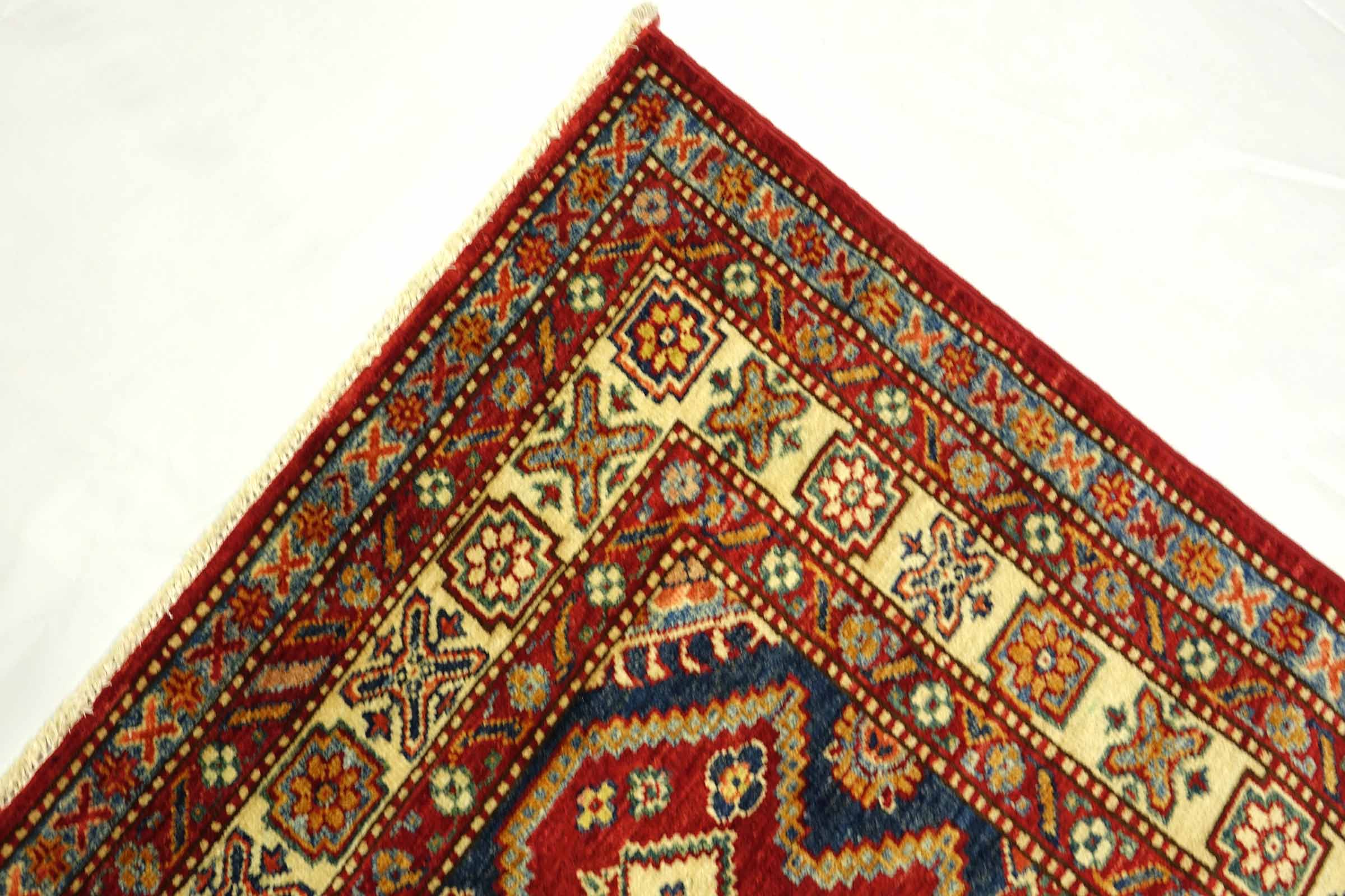 Afghan Kazak Fein 100x150 Handgeknüpft Orientteppich Rot Umrandung Wolle