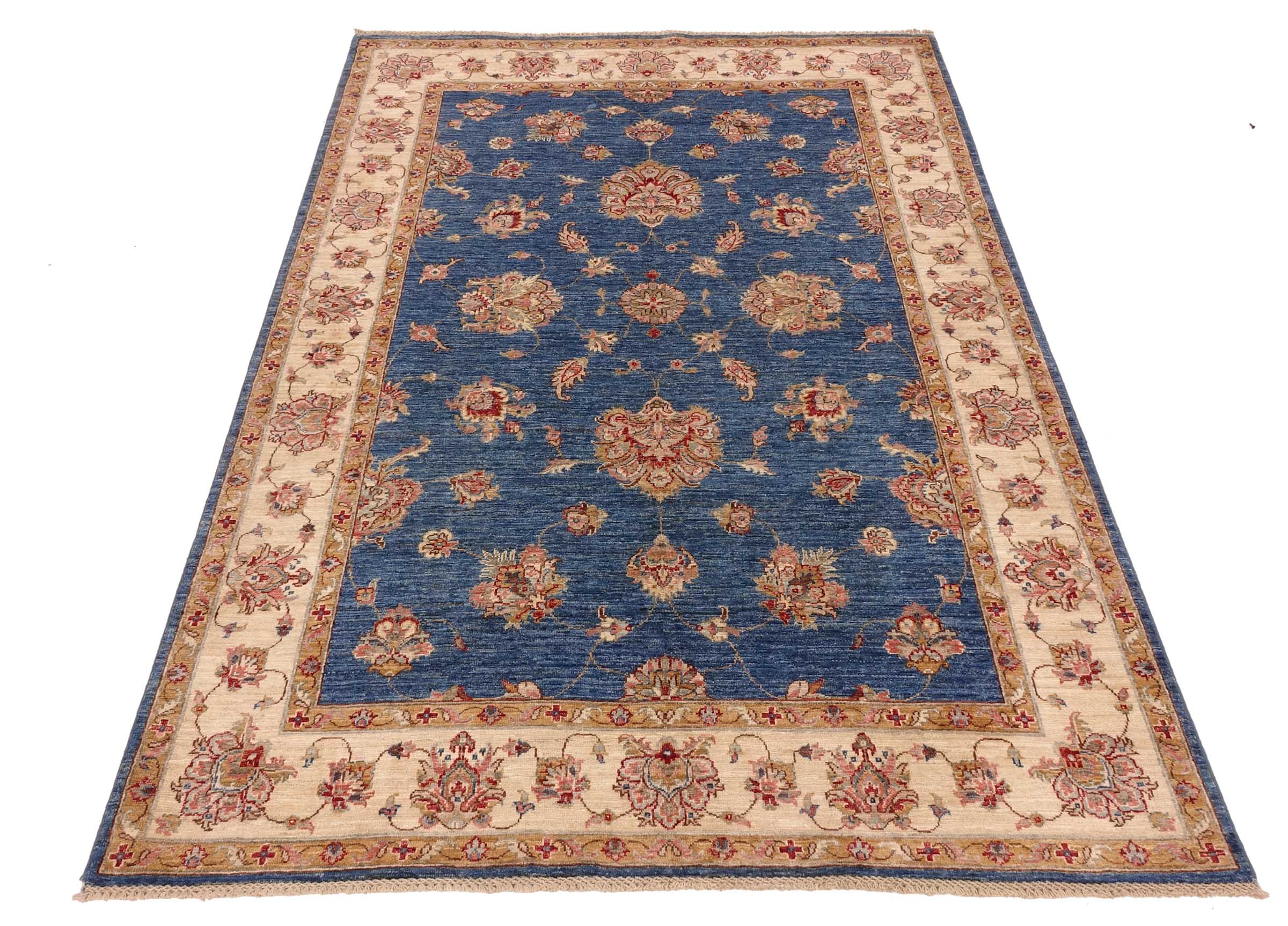 Chobi Ziegler Teppich 170x240 Handgeknüpft Blau Floral Orientalisch UNIKAT Kurzflor