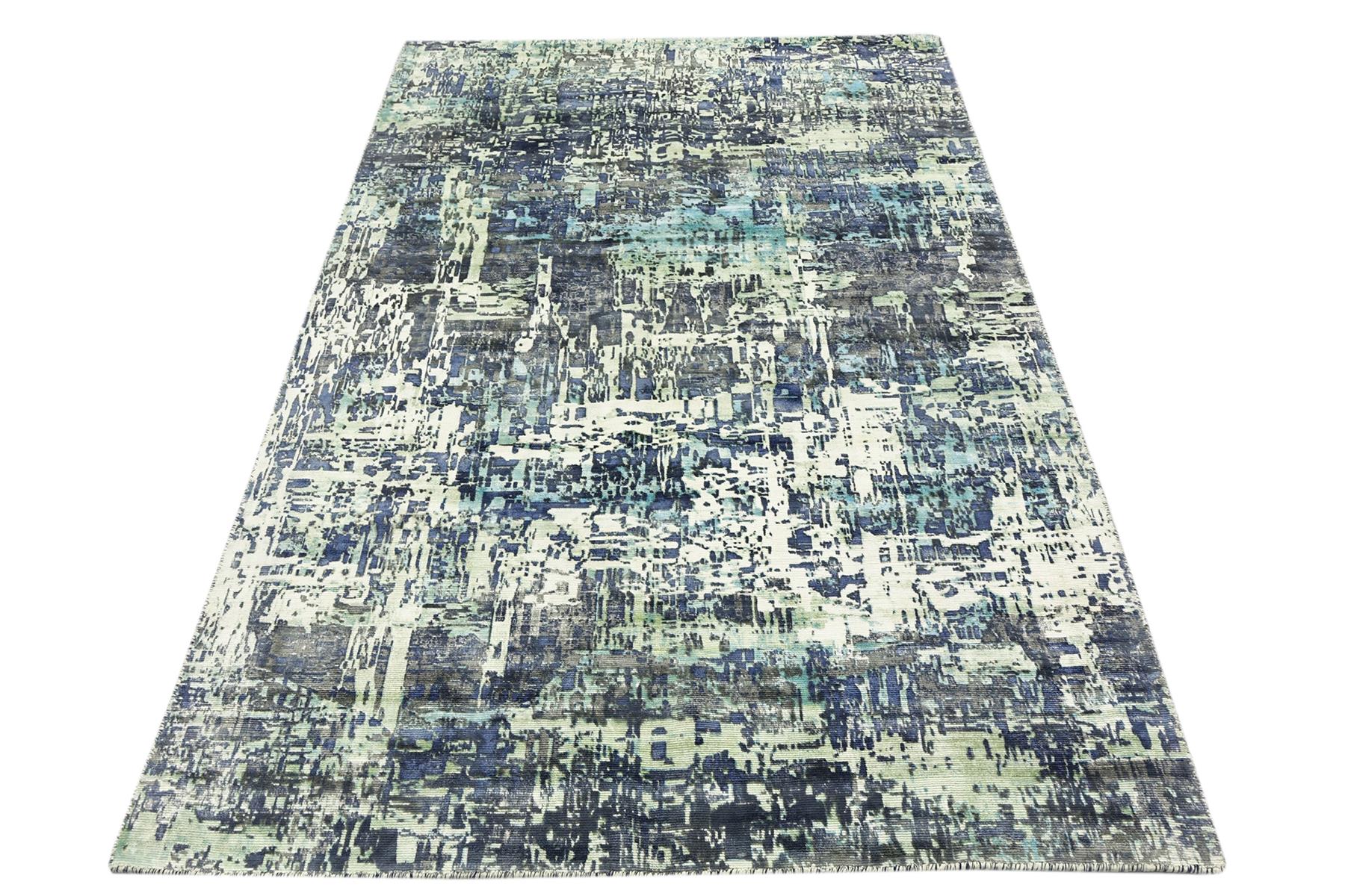 Handloom Vintage 220x160 Handgewebt Teppich 160x220 Blau Abstrakt Handarbeit Orient