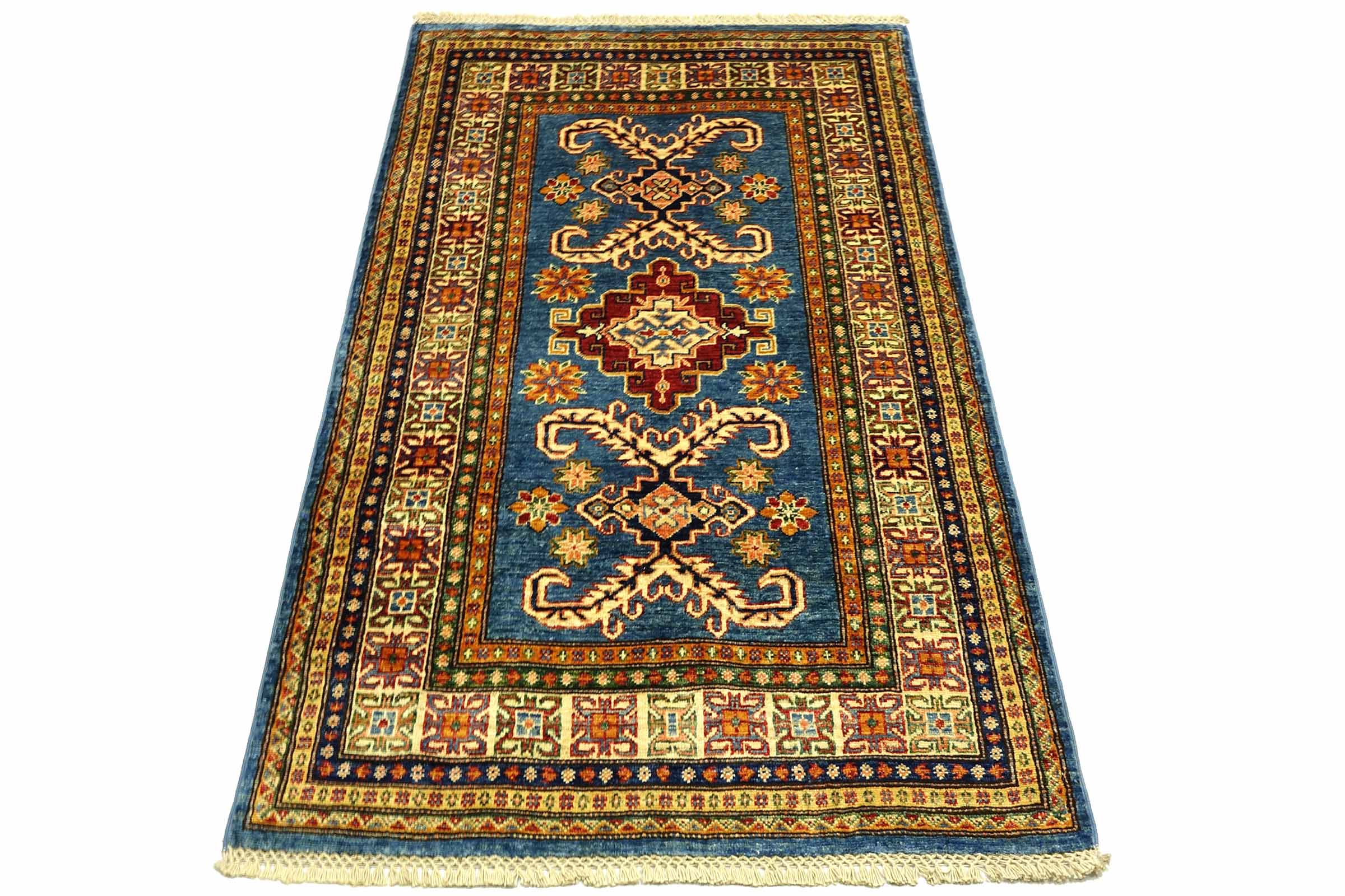 Afghan Kazak Fein 100x150 Handgeknüpft Orientteppich Blau Umrandung Wolle