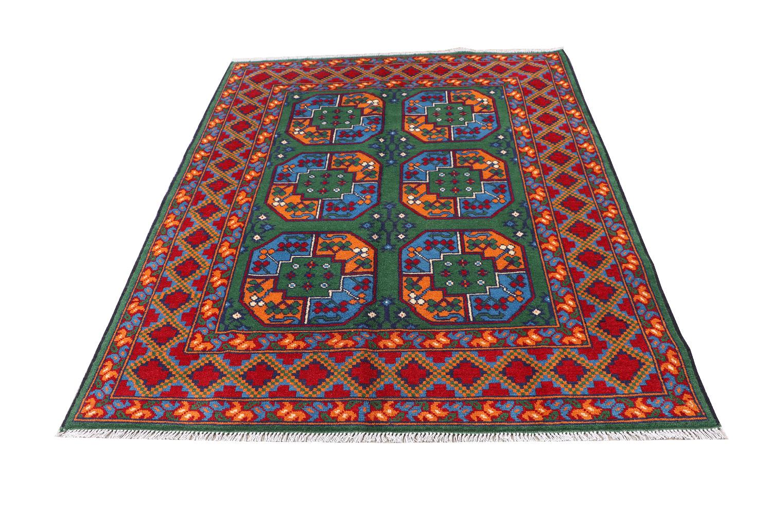 Afghan Akcha Rang Dar Teppich 150x200 Handgeknüpft Grün Durchgemustert Orient Kurzflor