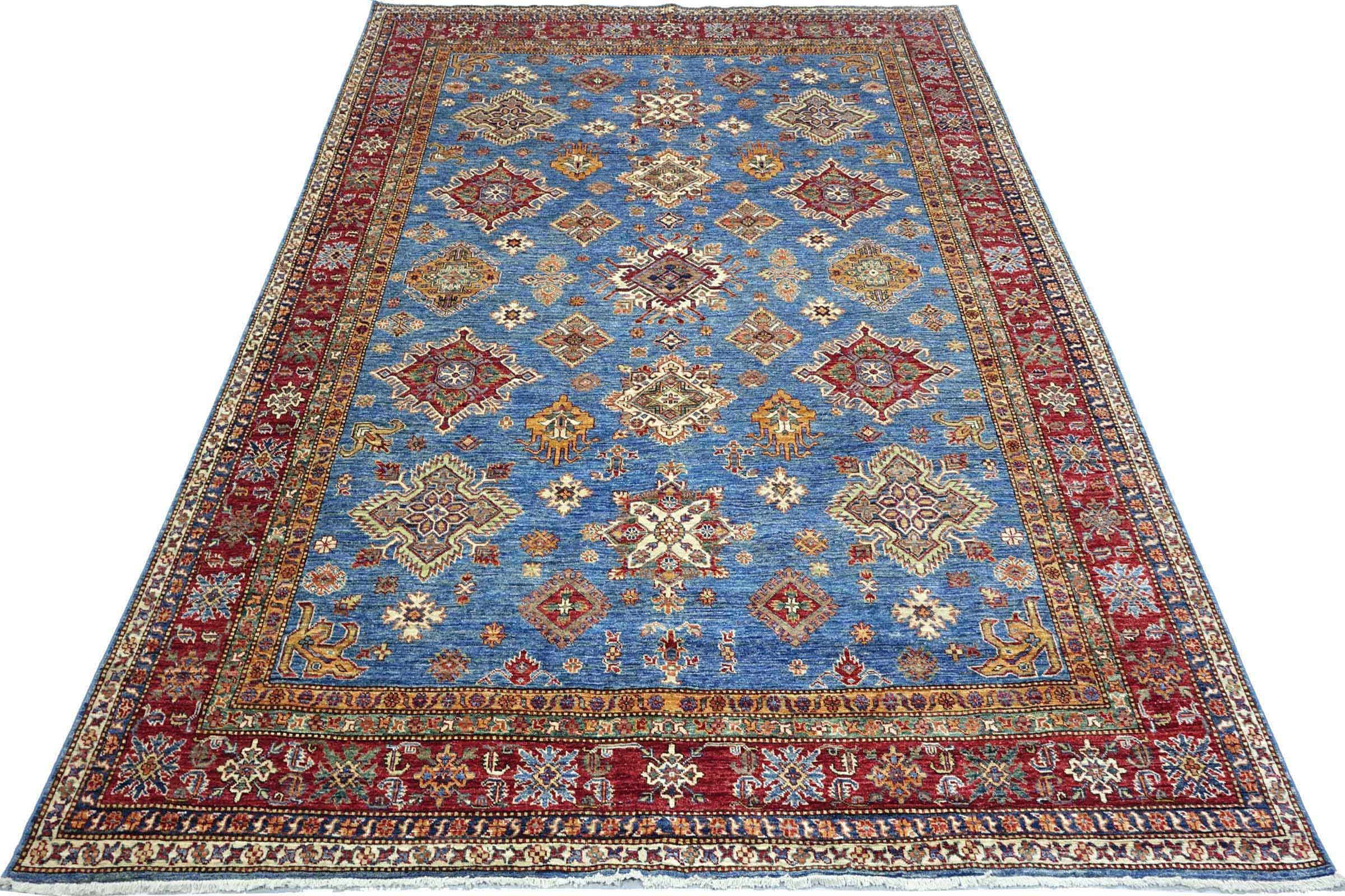 Afghan Feiner Kazak Teppich 250x300 Handgeknüpft Blau Geometrisch Orient Kurzflor