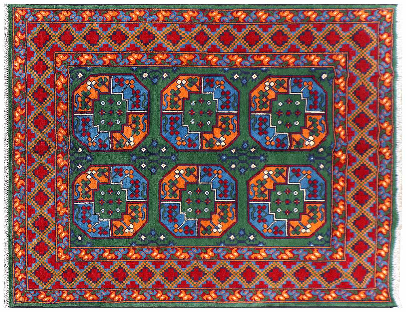Afghan Akcha Rang Dar Teppich 150x200 Handgeknüpft Grün Durchgemustert Orient Kurzflor