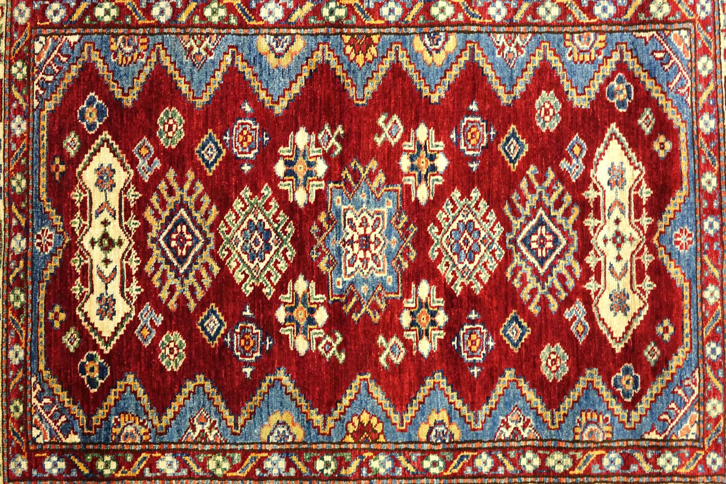 Afghan Kazak Fein 100x150 Handgeknüpft Orientteppich Rot Umrandung Wolle