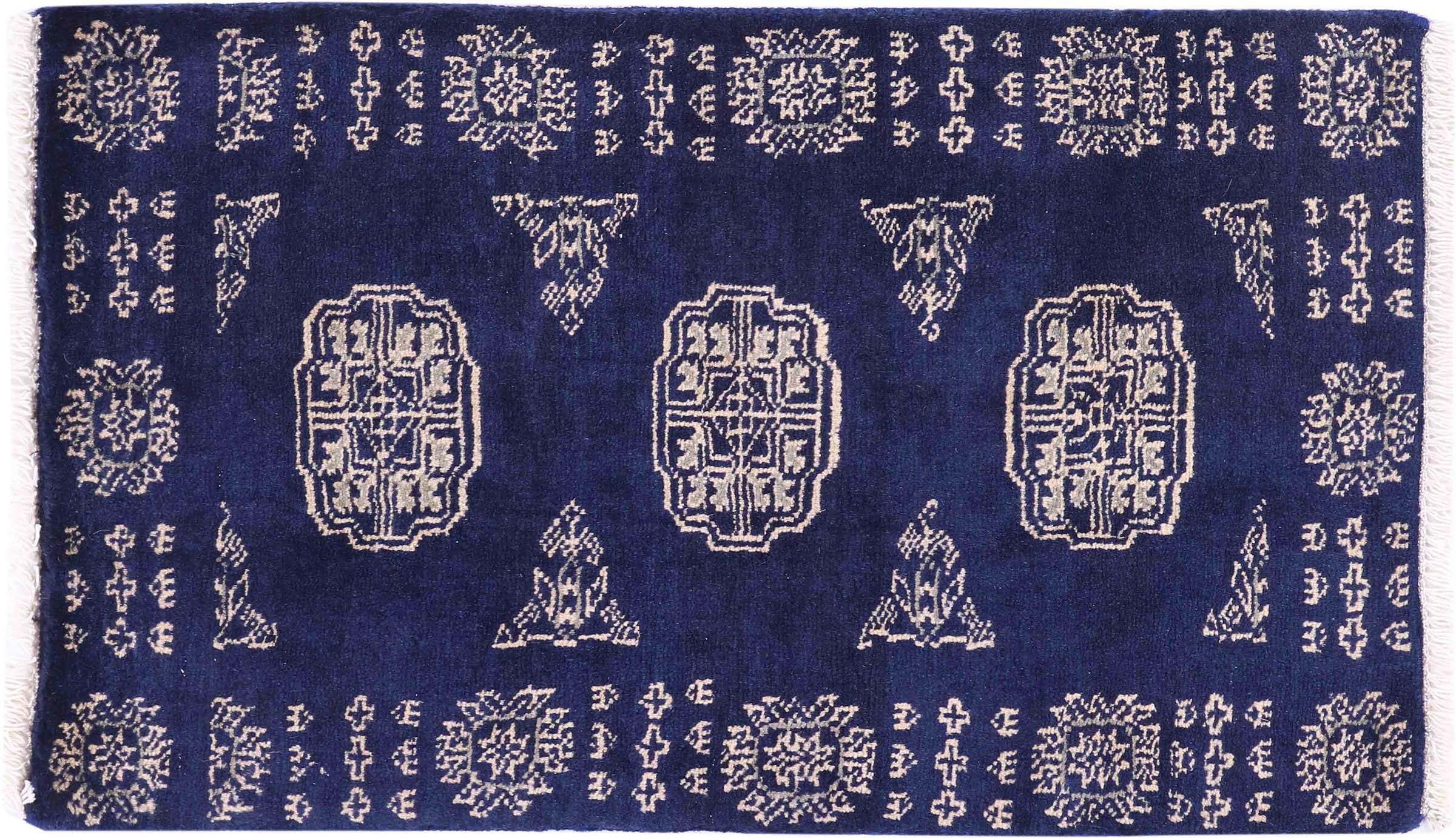 Pakistan Buchara 3ply Teppich 50x80 Handgeknüpft Blau Geometrisch Orient Kurzflor