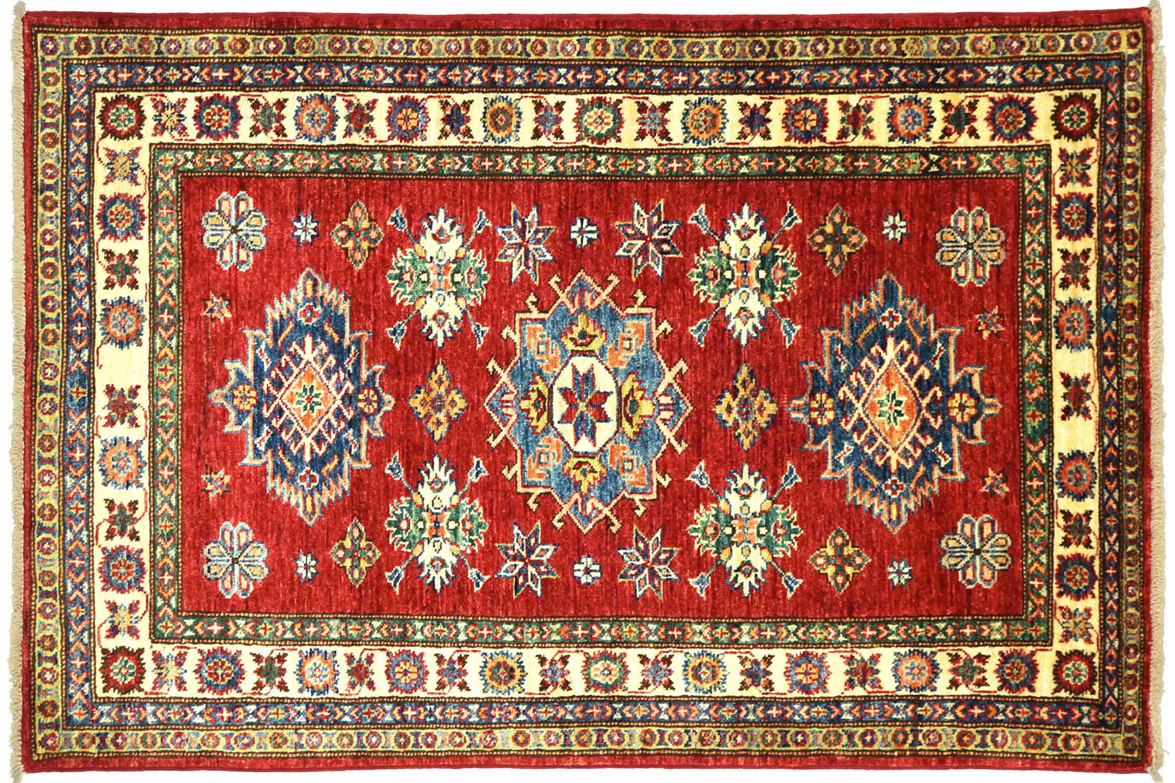 Afghan Kazak Fein 100x150 Handgeknüpft Orientteppich Rot Umrandung Wolle