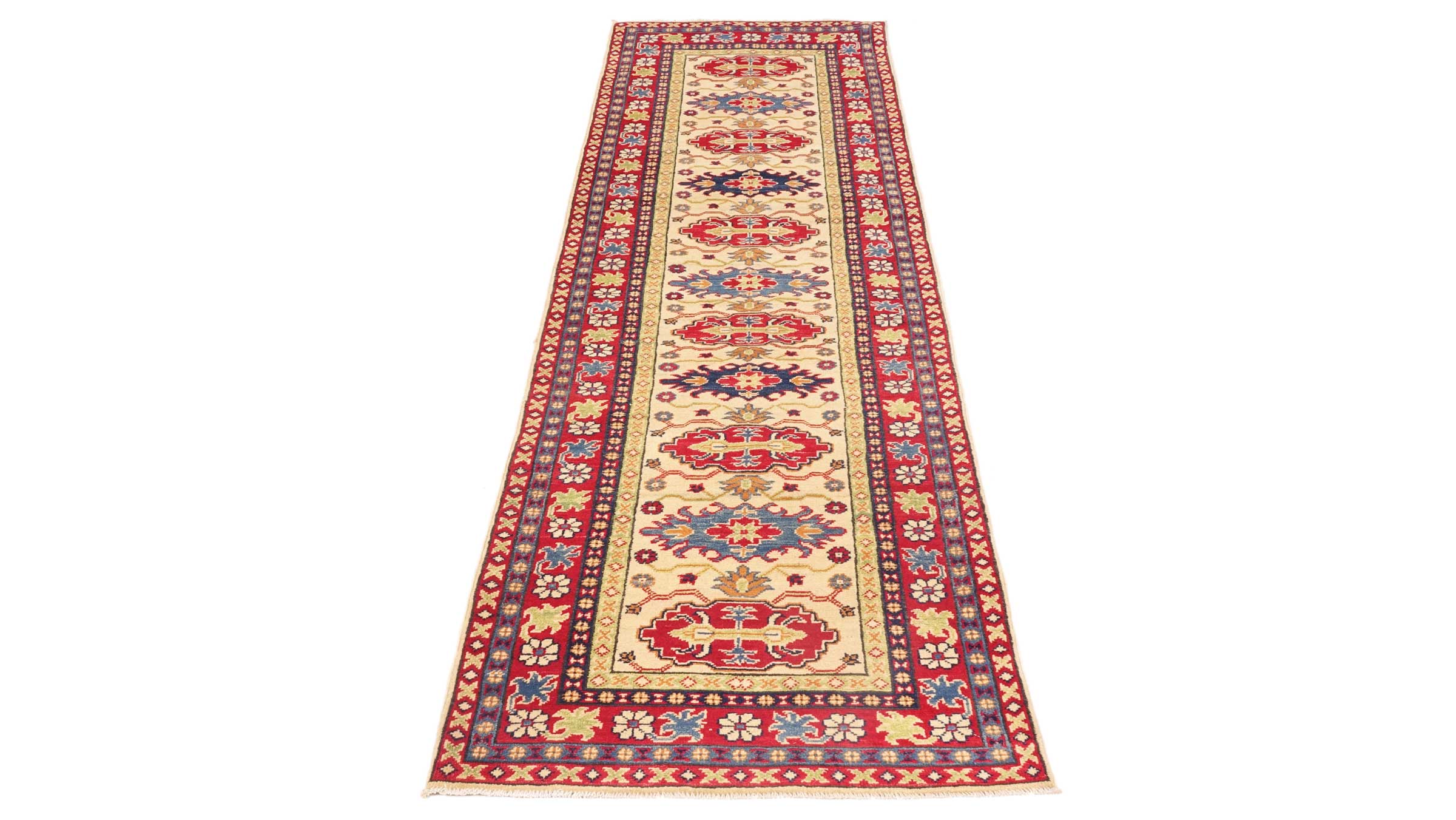 Kazak Teppich 80x300 Handgeknüpft Läufer Beige Floral Orientalisch UNIKAT Kurzflor