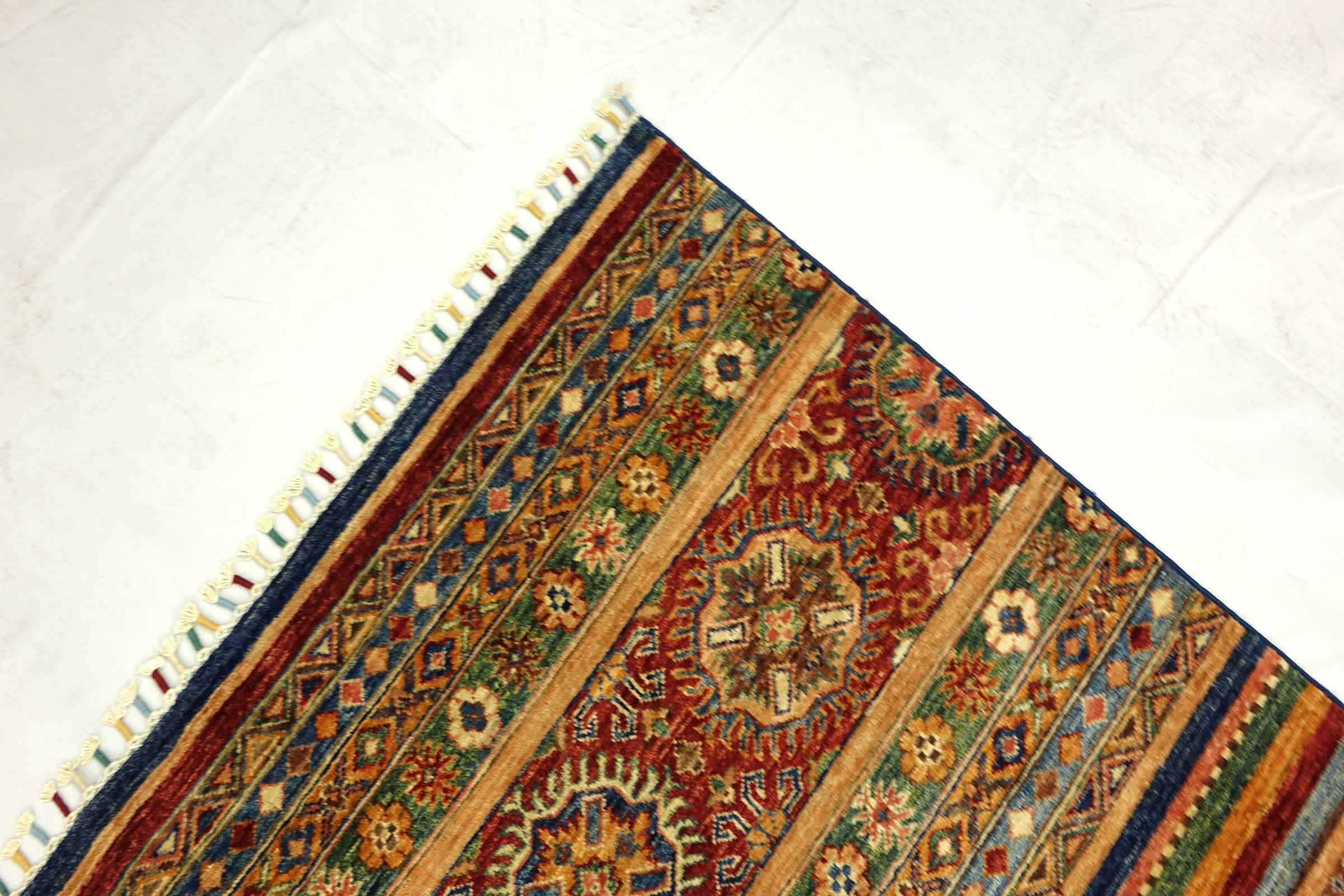 Afghan Khorjin Shaal 200x300 Handgeknüpft Orientteppich Bunt Streifen Wolle