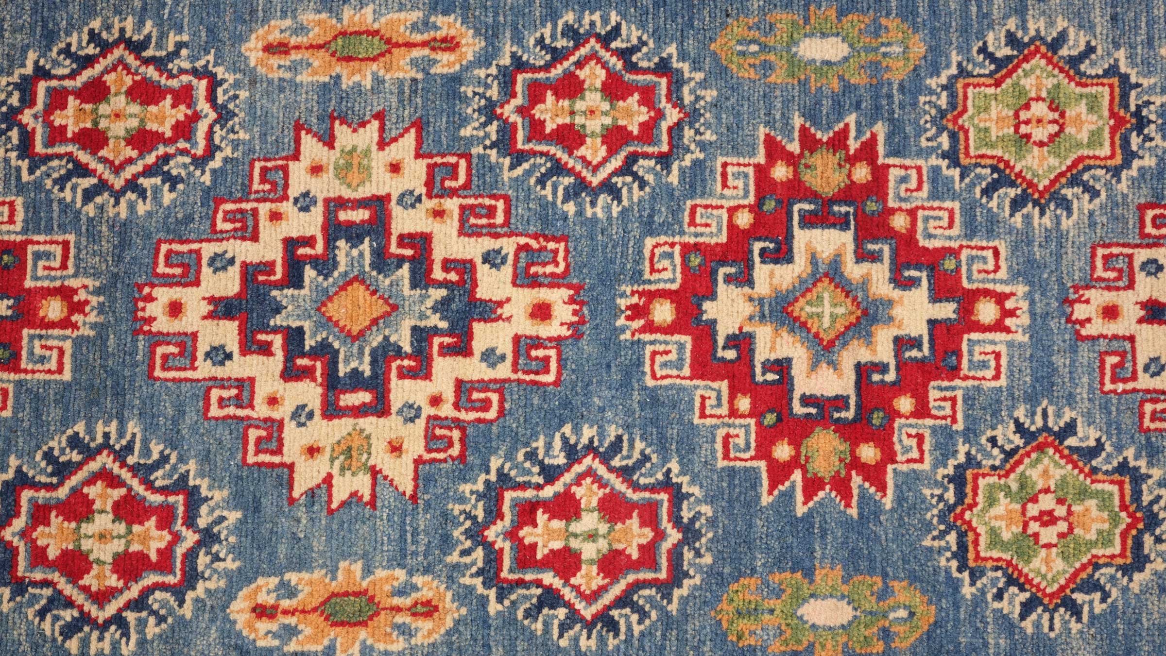 Kazak Teppich 80x300 Handgeknüpft Läufer Blau Geometrisch Orientalisch UNIKAT Kurzflor