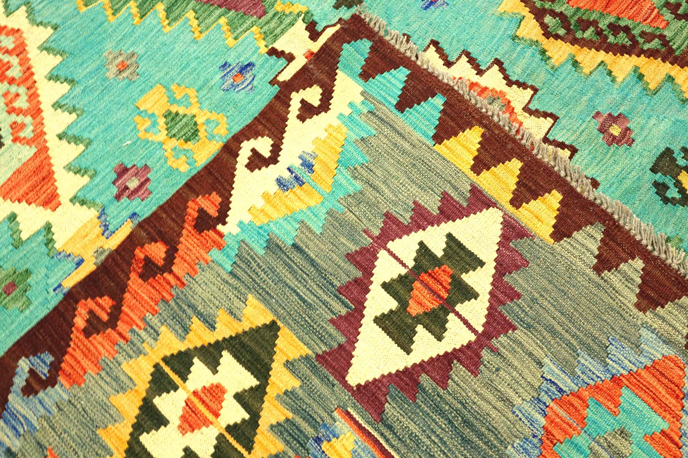 Afghan Maimana Kelim Bunt 393x303 Handgewebt Teppich 300x390 Türkis Geometrisch Orient