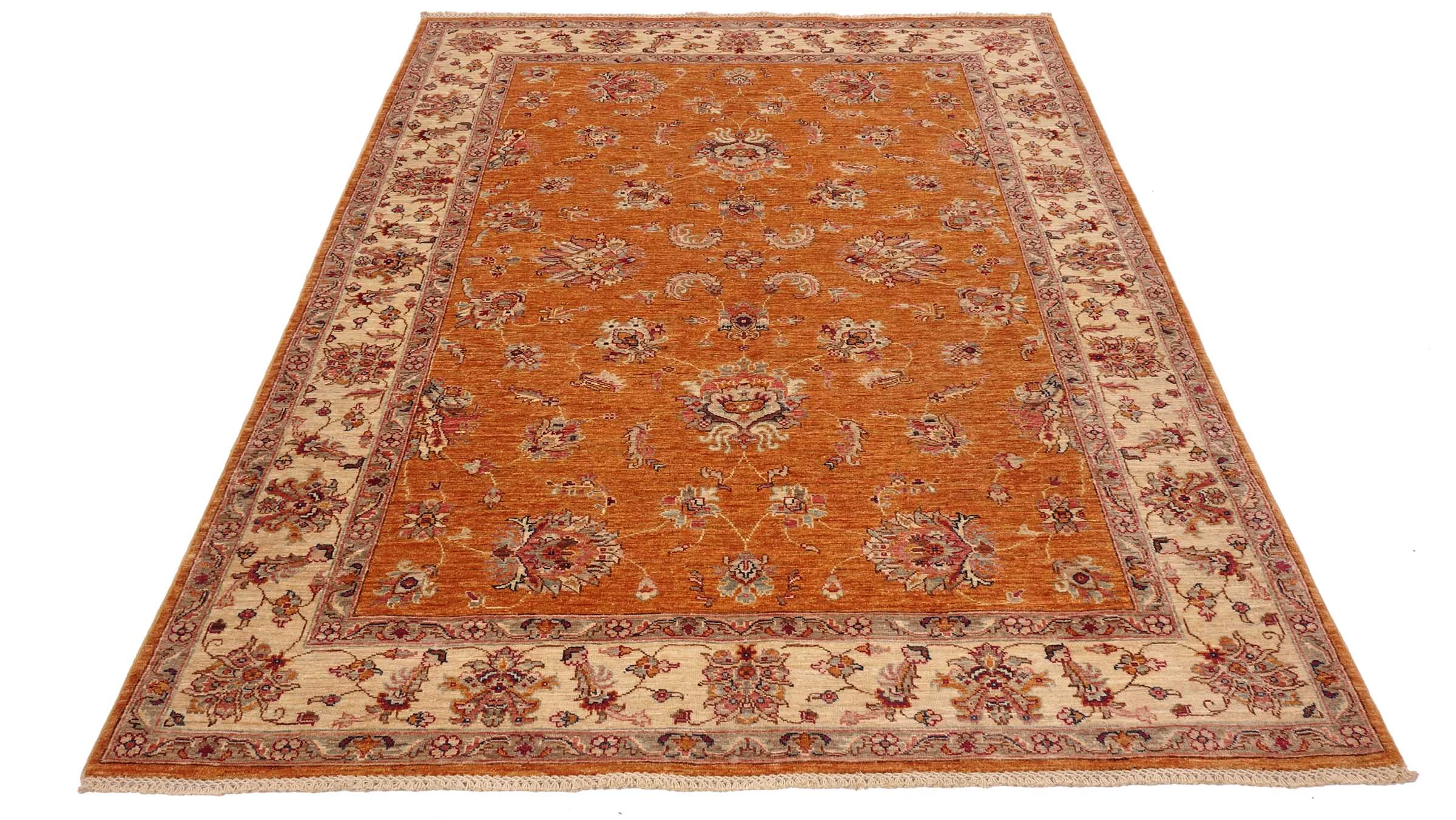 Chobi Ziegler Teppich 170x250 Handgeknüpft Orange Floral Orientalisch UNIKAT Kurzflor