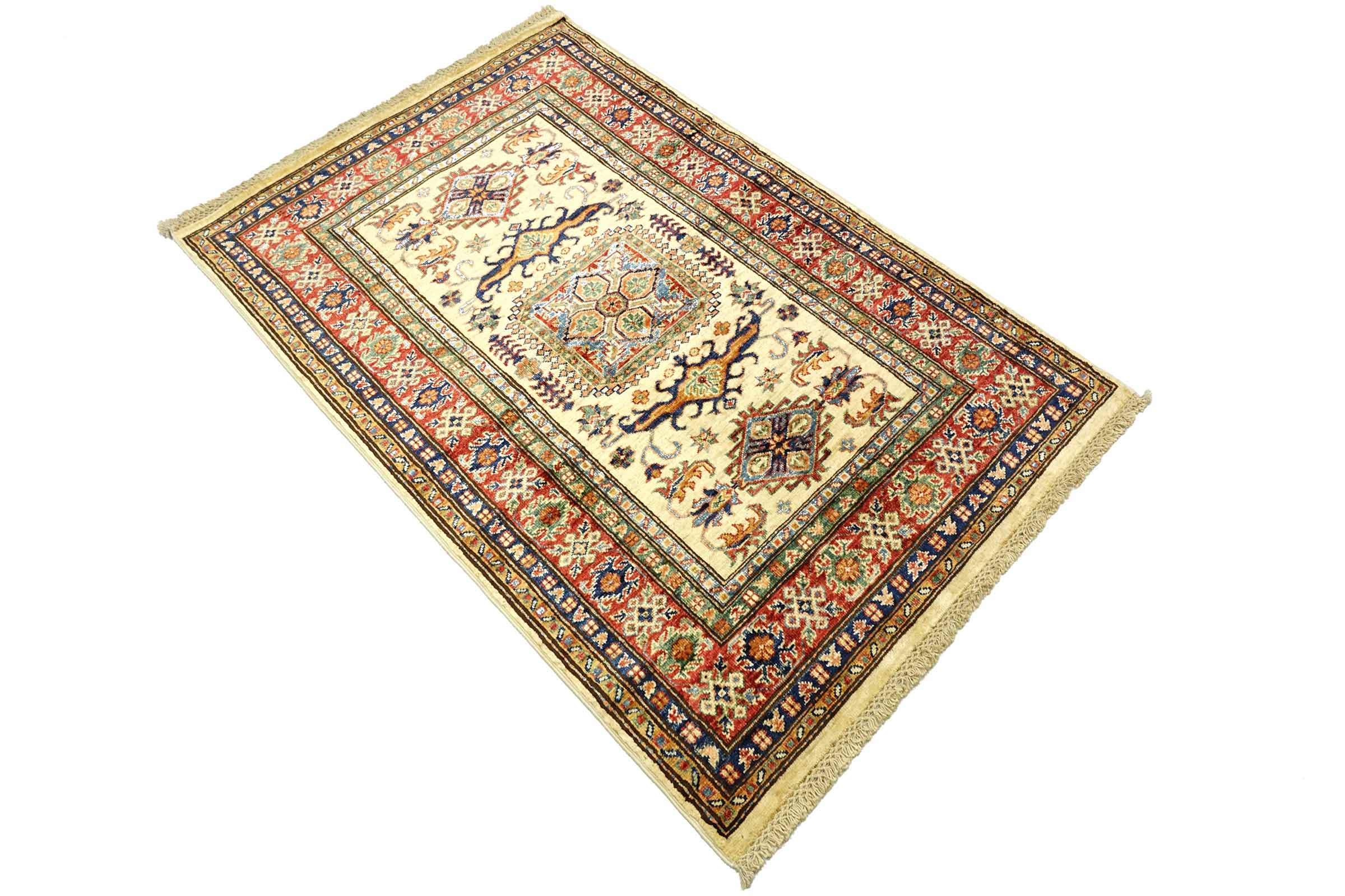 Afghan Kazak Fein 100x150 Handgeknüpft Orientteppich Beige Umrandung Wolle