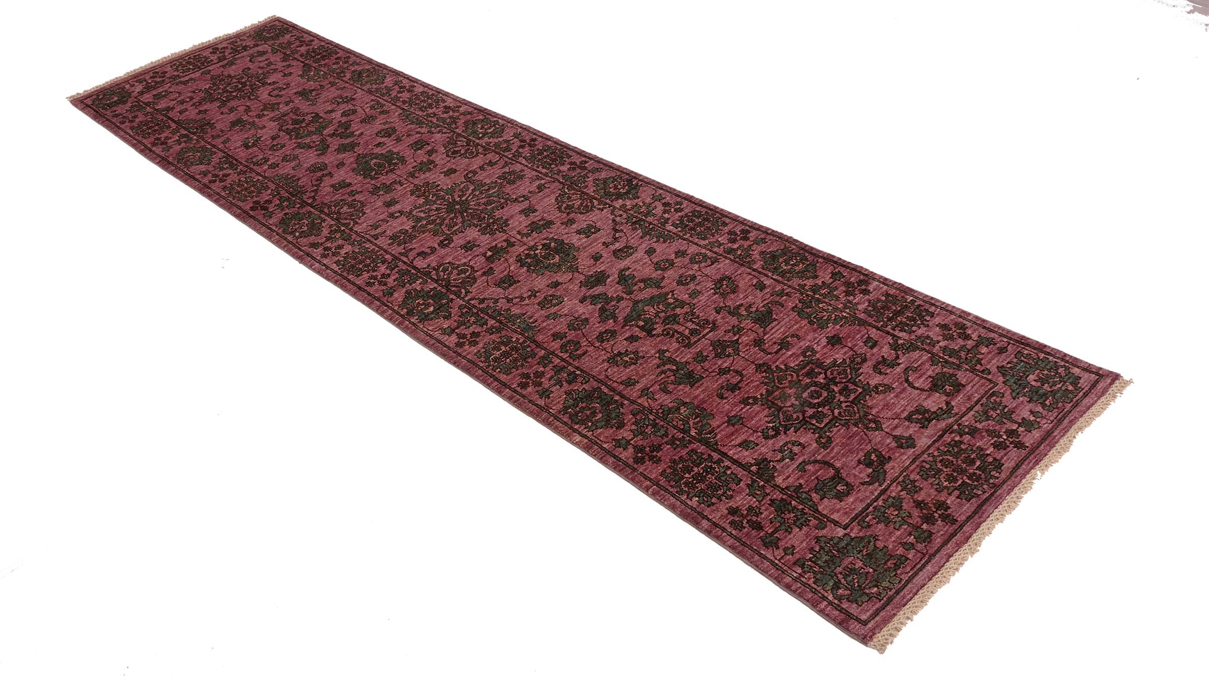 Chobi Ziegler Teppich 80x300 Handgeknüpft Läufer Rosa Floral Orientalisch UNIKAT