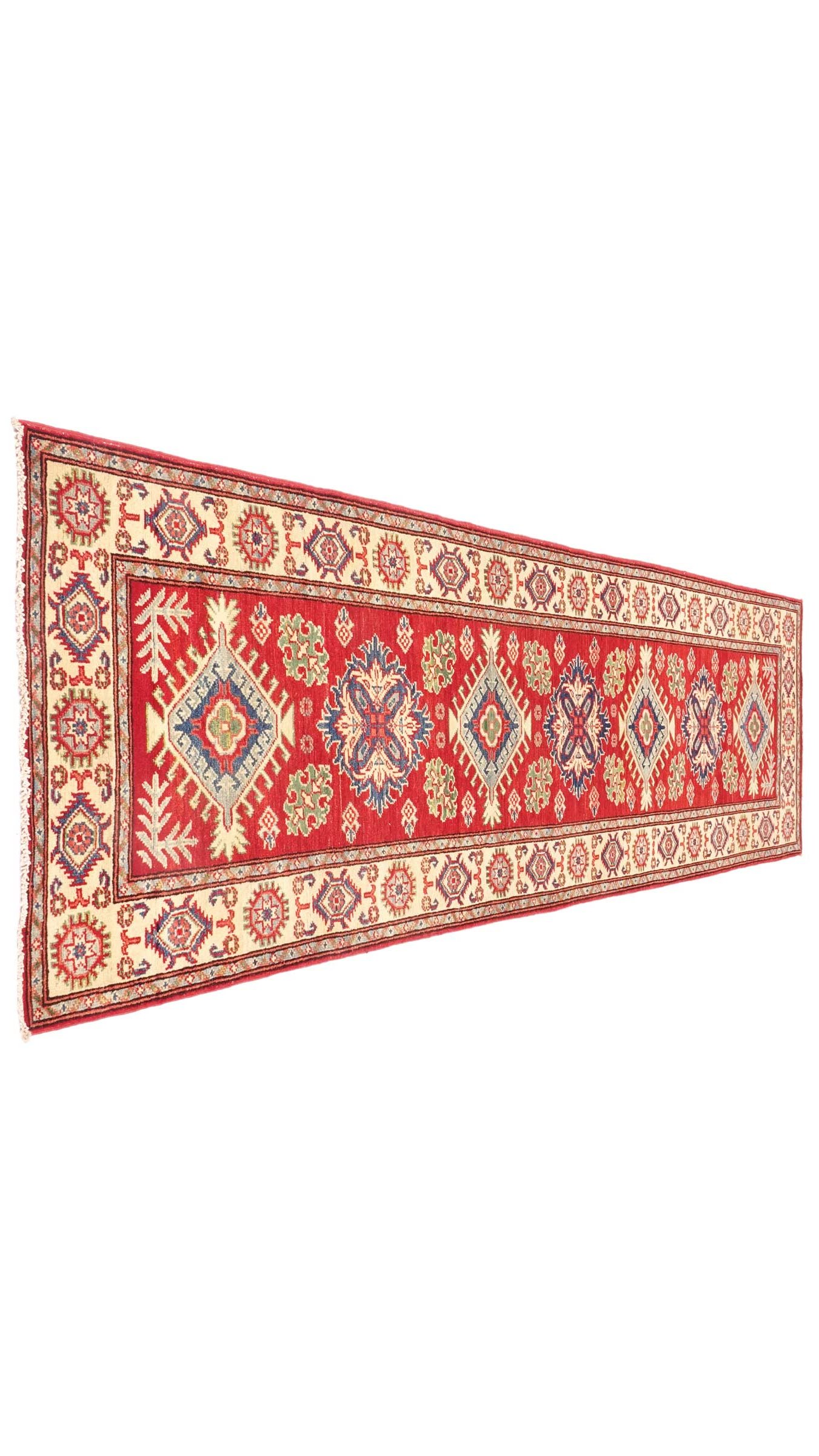 Kazak Teppich 80x300 Handgeknüpft Läufer rot Geometrisch Orientalisch UNIKAT Kurzflor