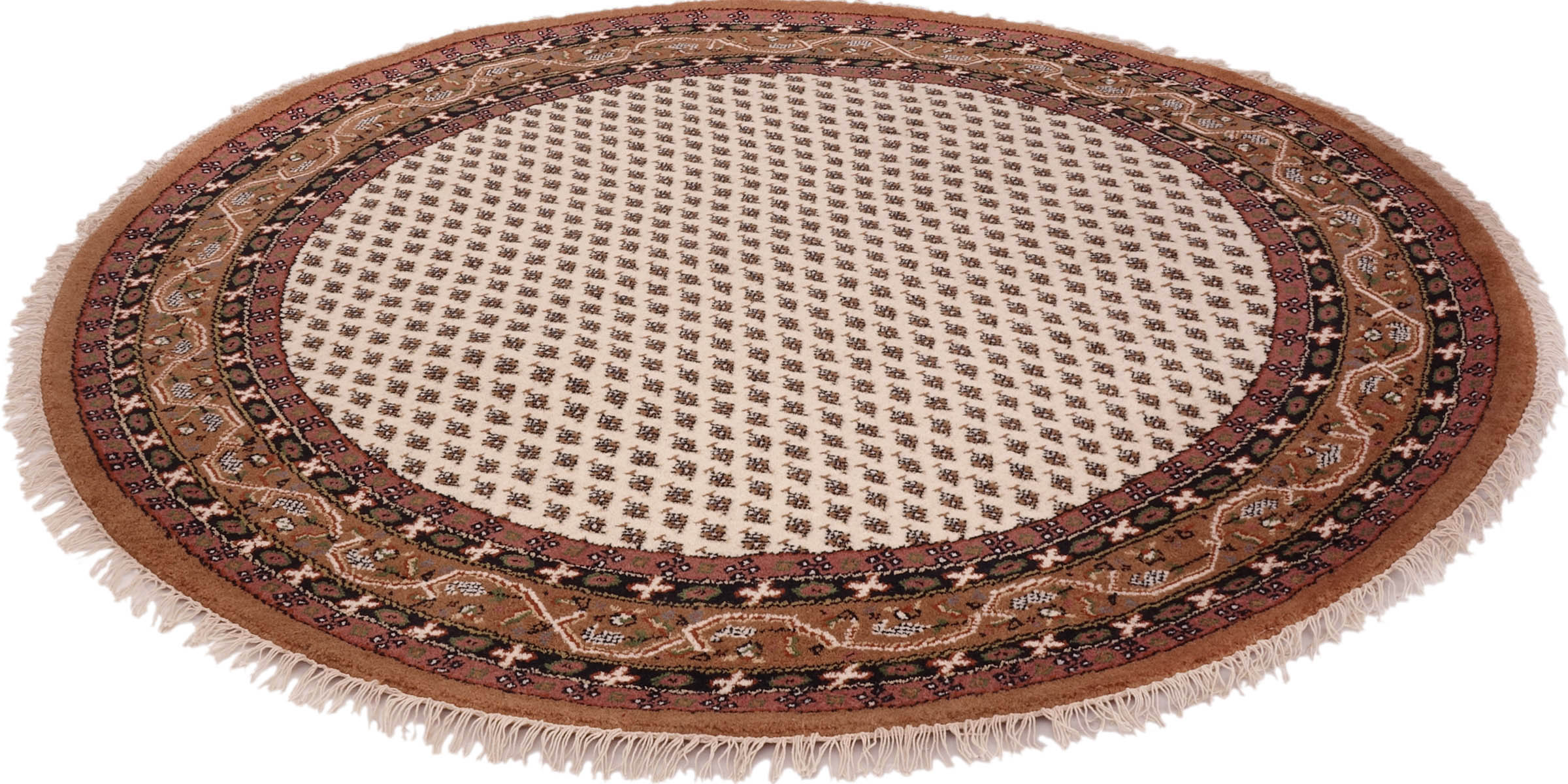 Runder Mir Sarough Teppich 200x200 Handgeknüpft Beige Umrandung Kurzflor Orient