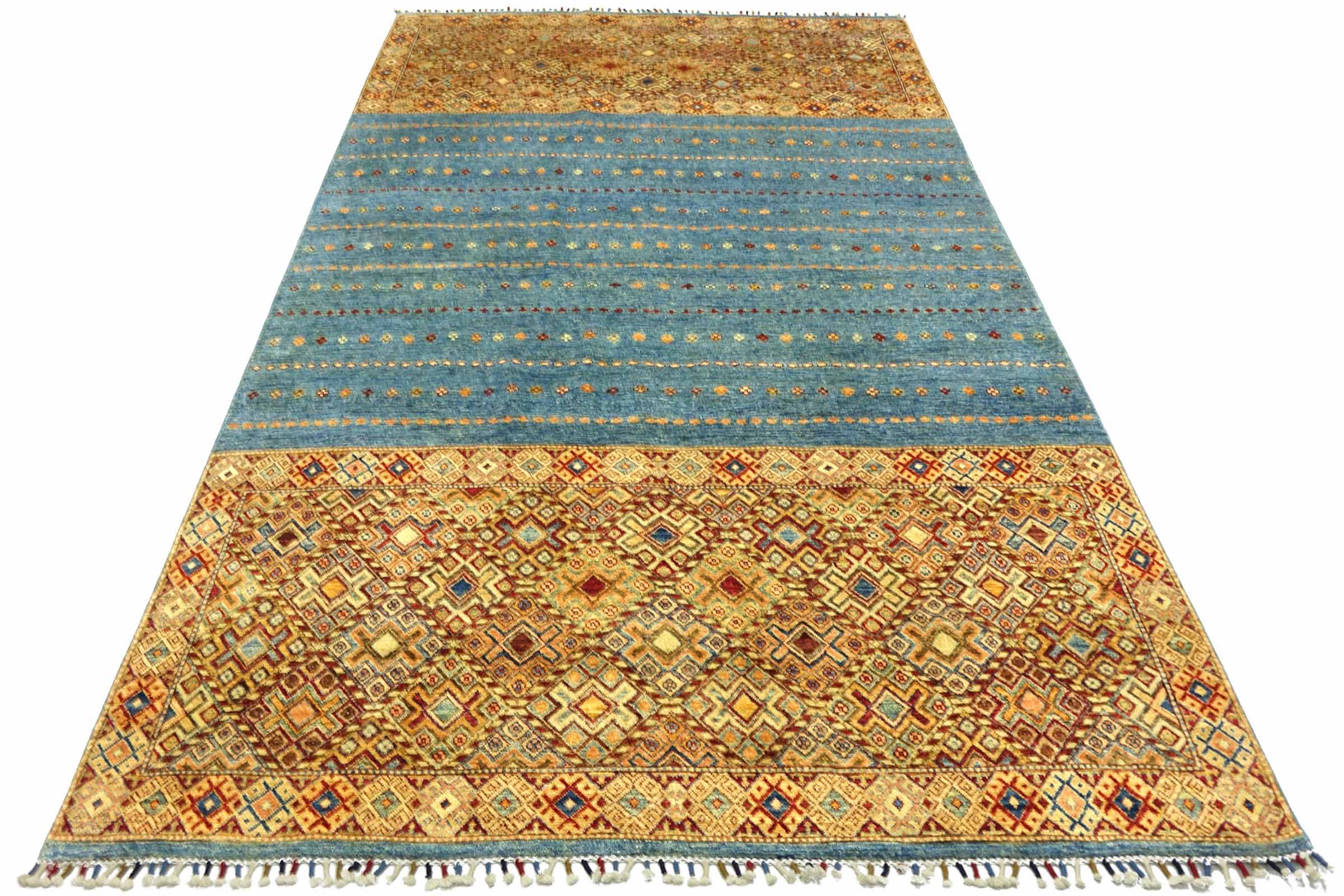 Afghan Khorjin Shaal 200x300 Handgeknüpft Orientteppich Blau Streifen Wolle