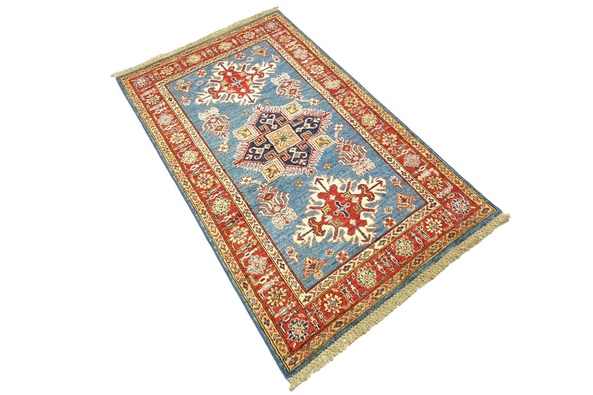 Afghan Kazak Fein 100x150 Handgeknüpft Orientteppich Blau Umrandung Wolle