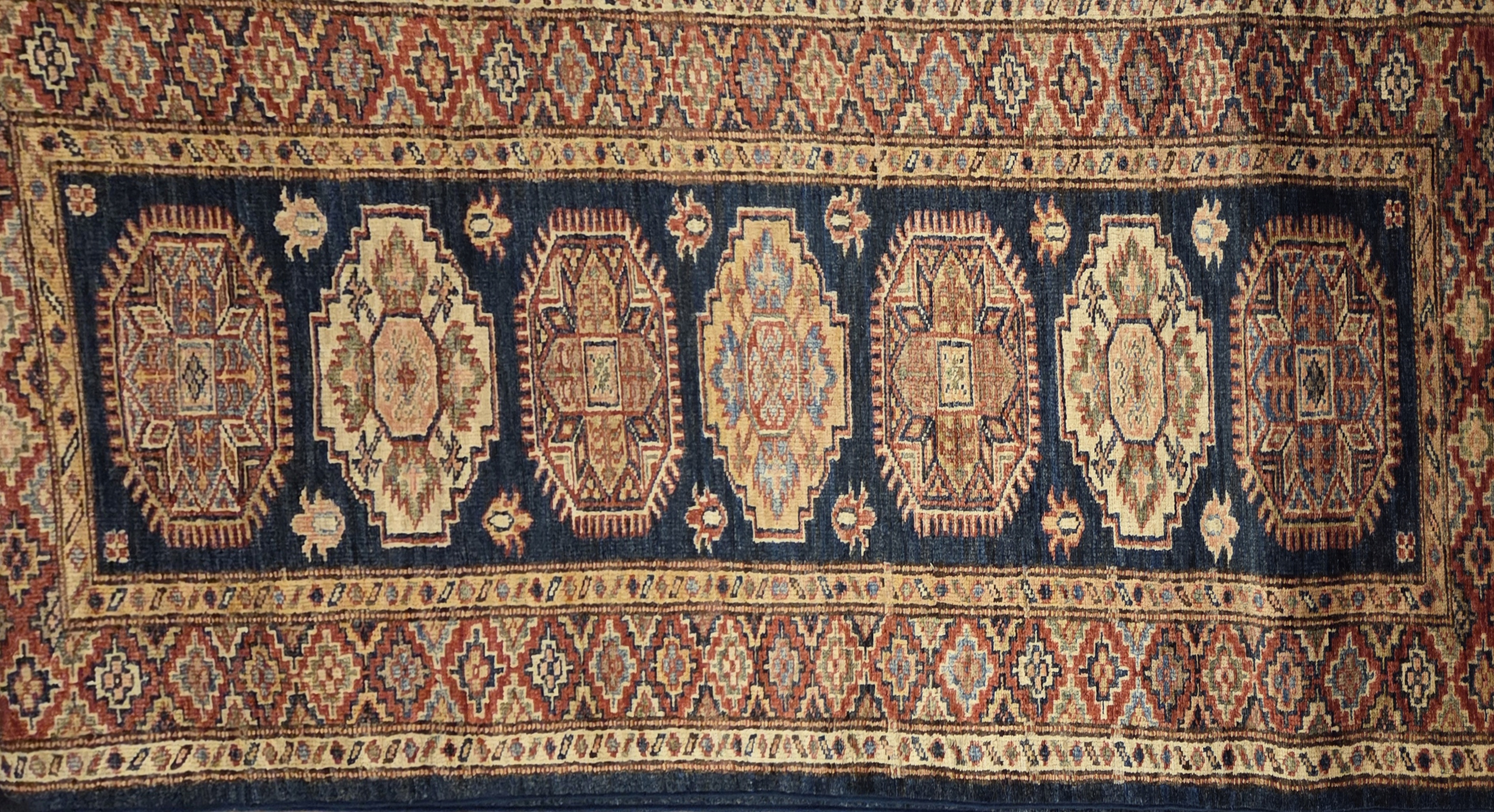 Afghan Kazak Fein 60x200Handgeknüpft Orientteppich Läufer Blau Geometrisch