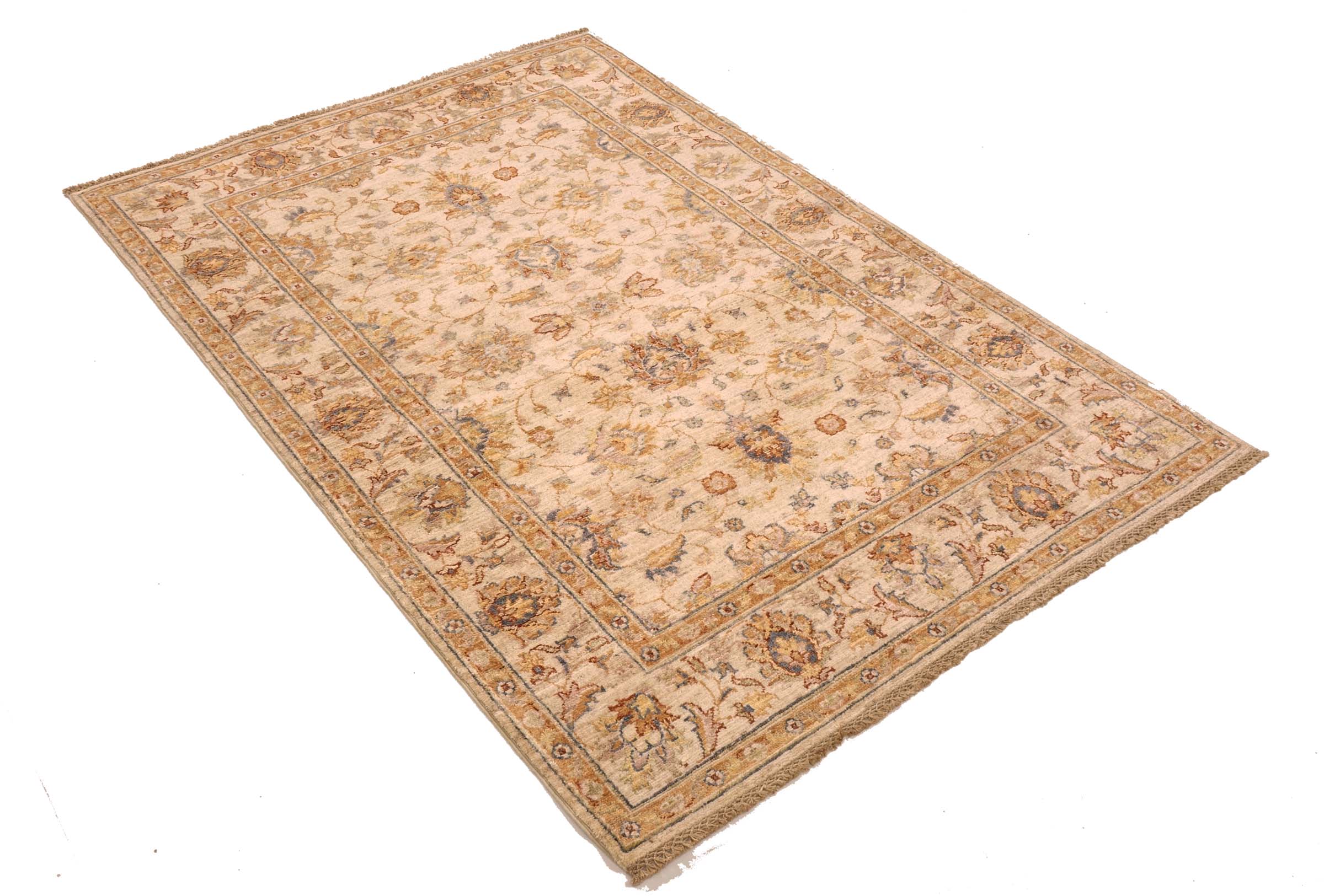 Chobi Ziegler Teppich 120x180 Handgeknüpft Beige Floral Orientalisch UNIKAT Kurzflor