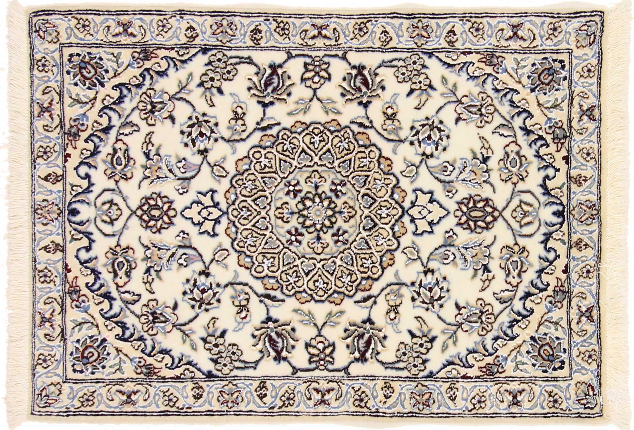 Persian carpet Nain 9LA 60x90 hand-knotted white medallion oriental UNIKAT short pile