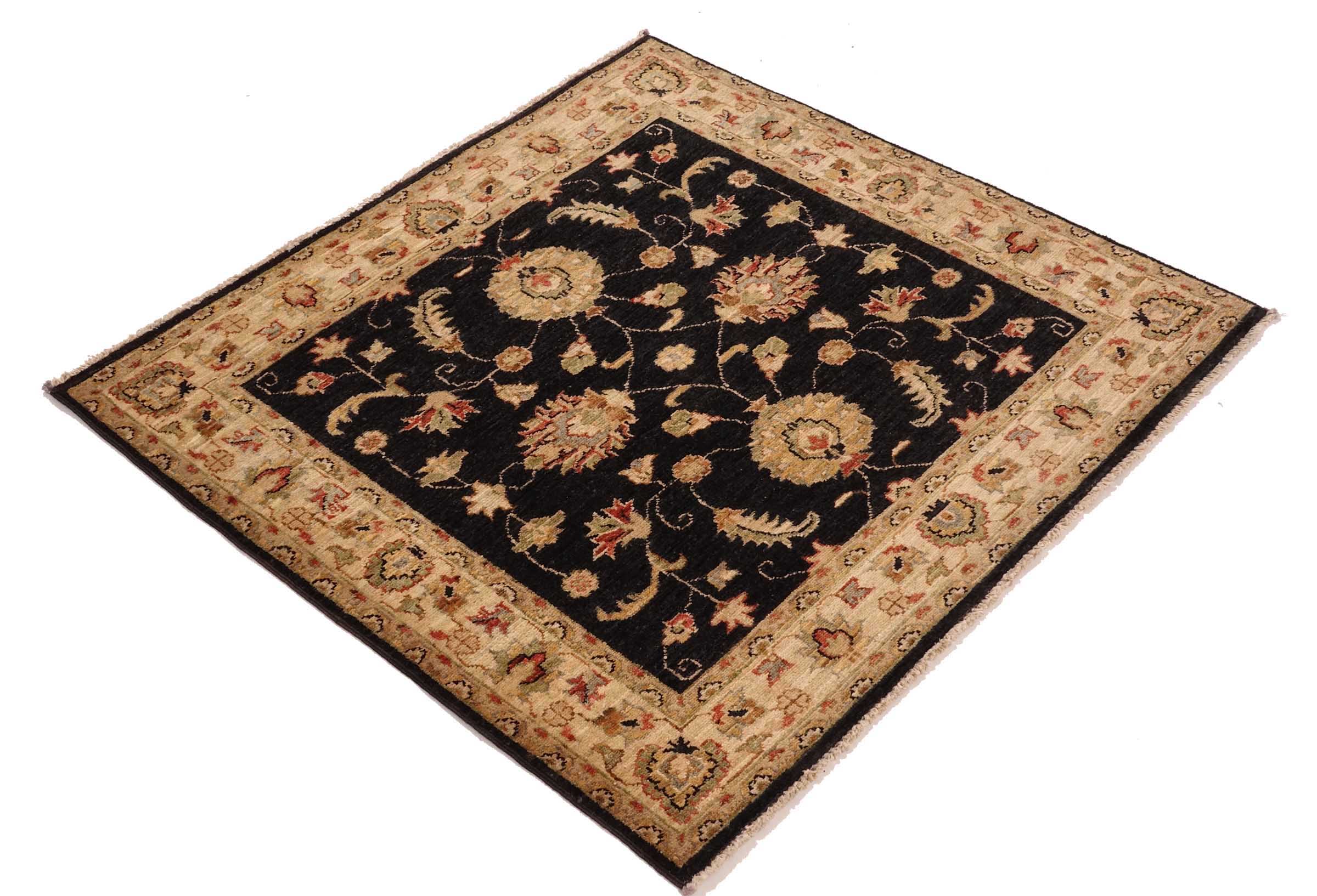Chobi Ziegler Teppich 100x100 Handgeknüpft Quadratisch Beige Floral Orientalisch UNIKAT