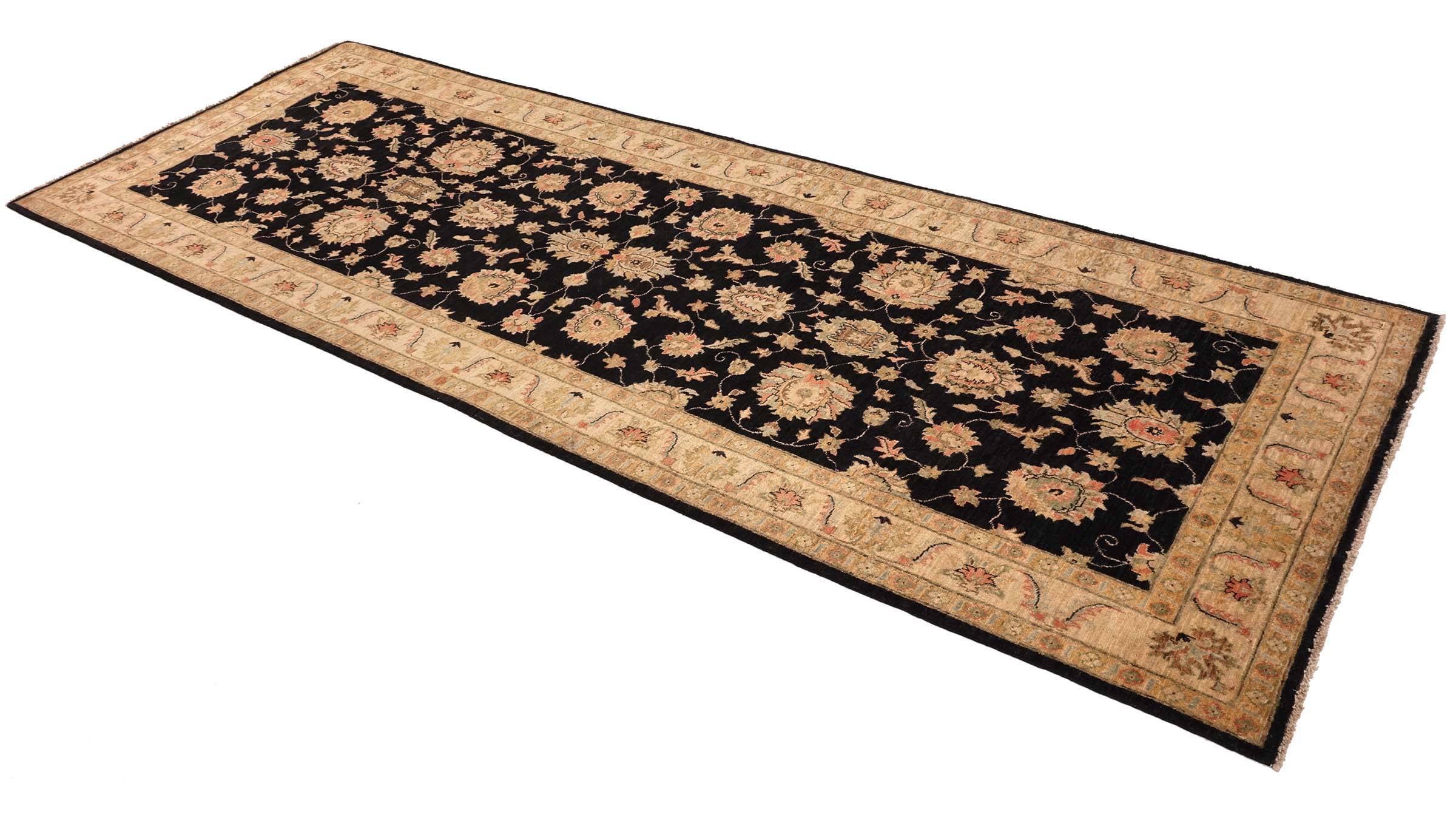 Chobi Ziegler Teppich 130x350 Handgeknüpft Läufer Schwarz Floral Orientalisch UNIKAT