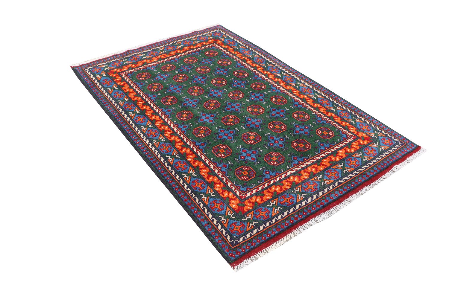Afghan Akcha Rang Dar Teppich 120x180 Handgeknüpft Grün Durchgemustert Orient Kurzflor