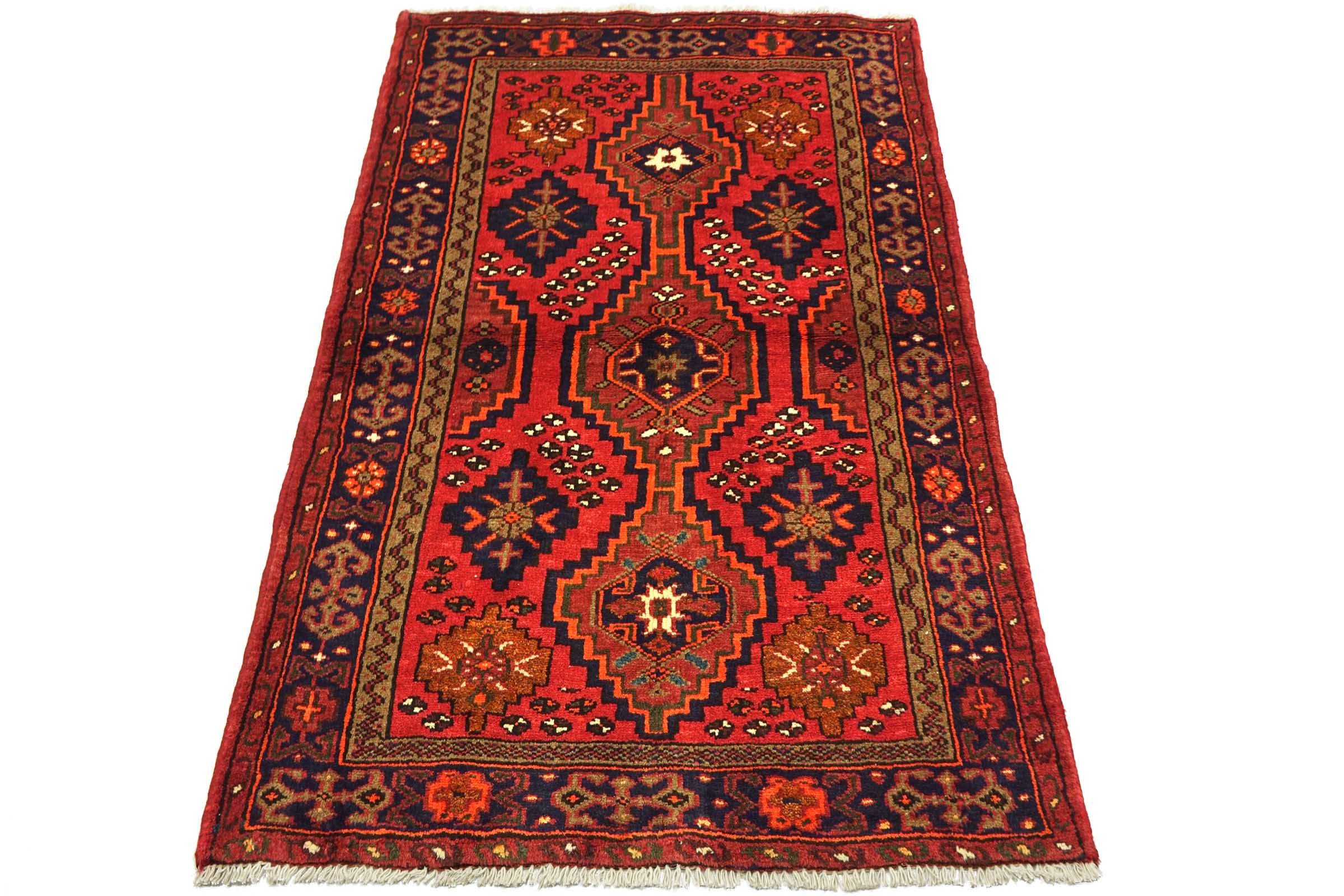 Perser Hamadan 100x140 Handgeknüpft Orientteppich Rot Umrandung Wolle Kurzflor