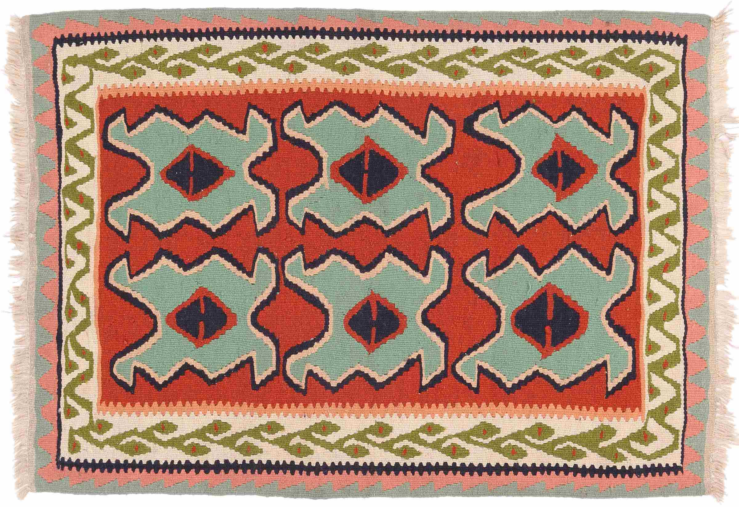 Perserteppich Kelim Ardebil 100x140 Handgewebt Grün Geometrisch Handarbeit Zimmer